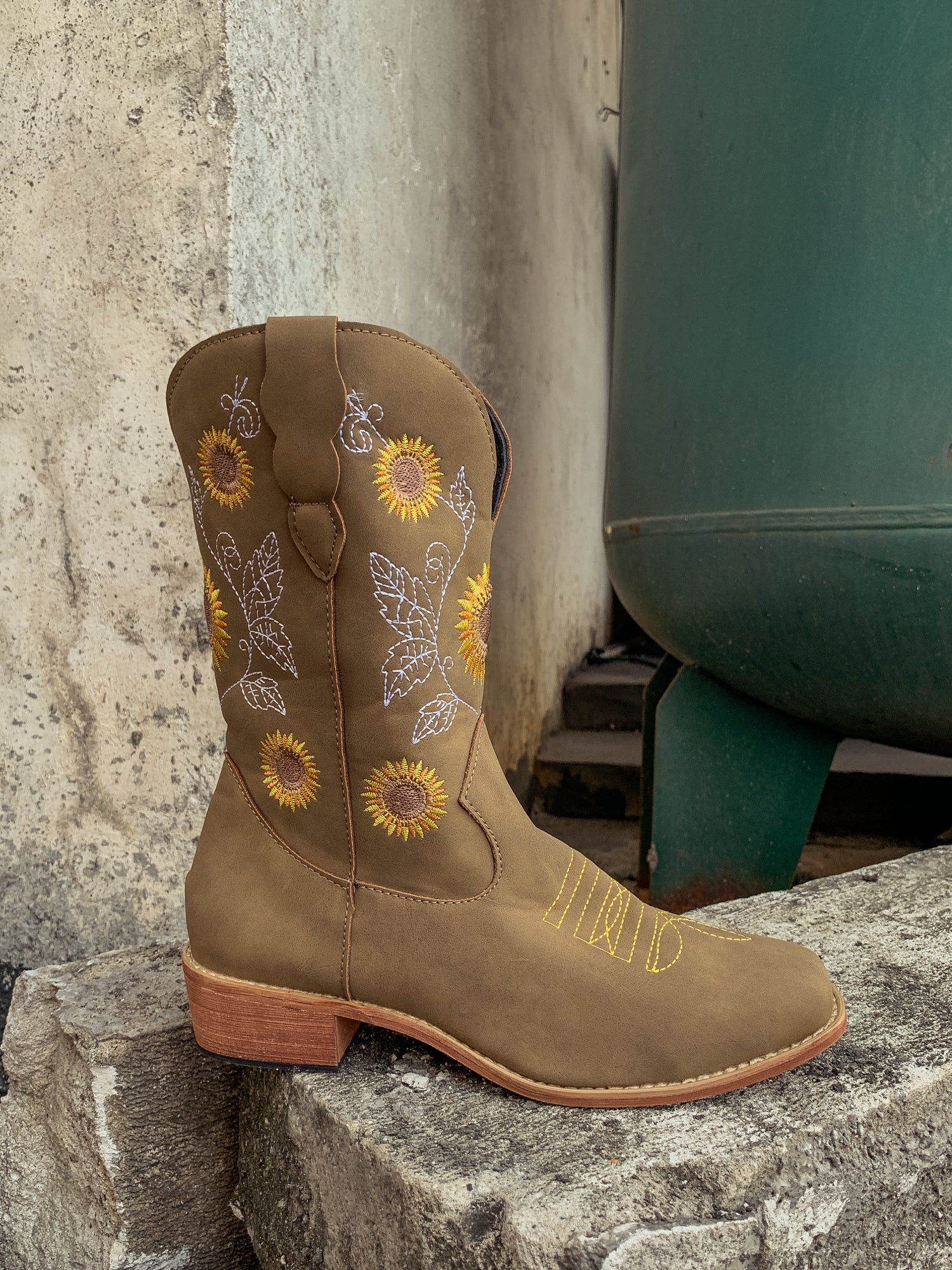 En Bloom | Khaki Sunflower Embroidered Knee Cowboy Boots - Image 7