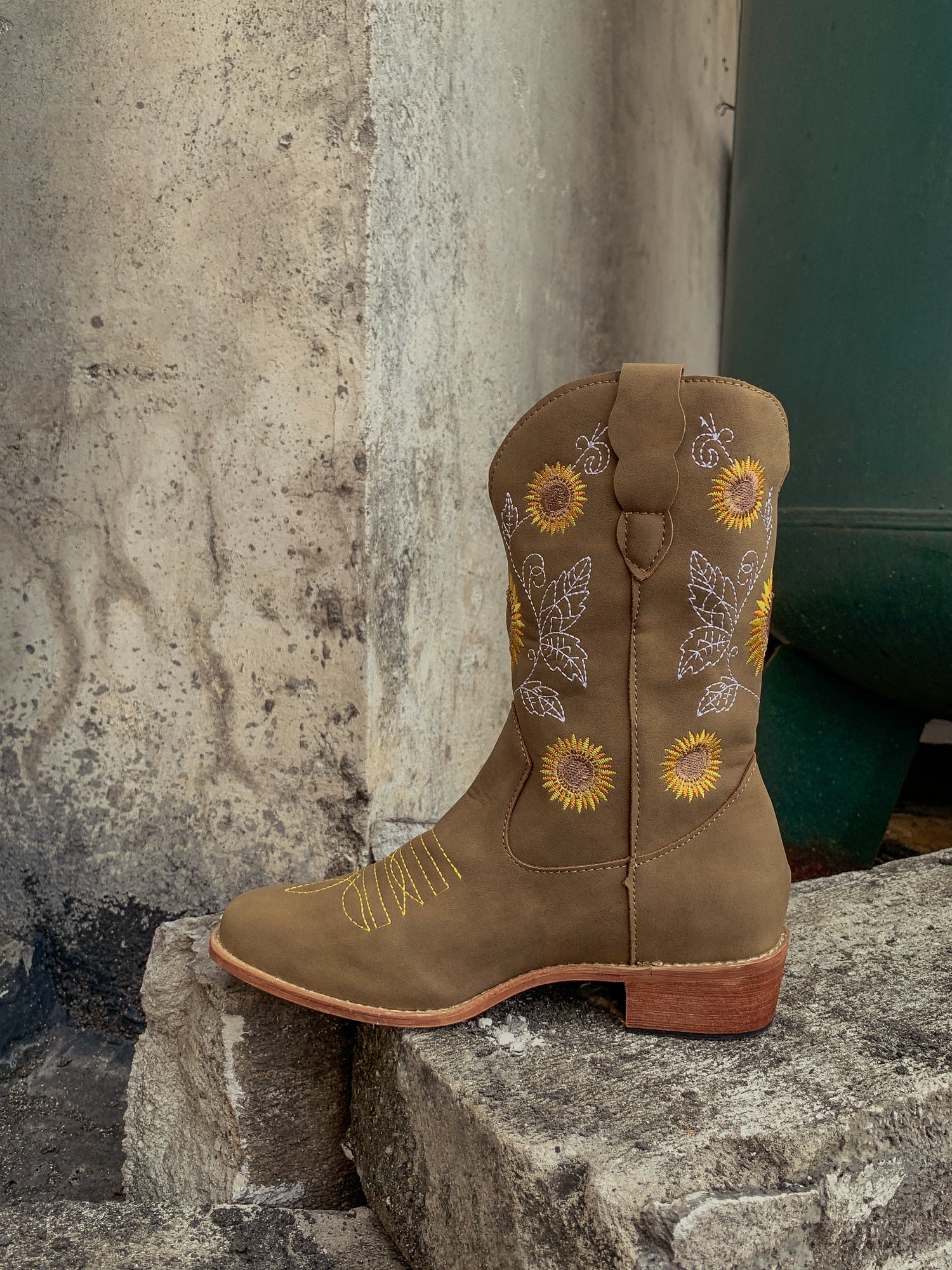 En Bloom | Khaki Sunflower Embroidered Knee Cowboy Boots - Image 8