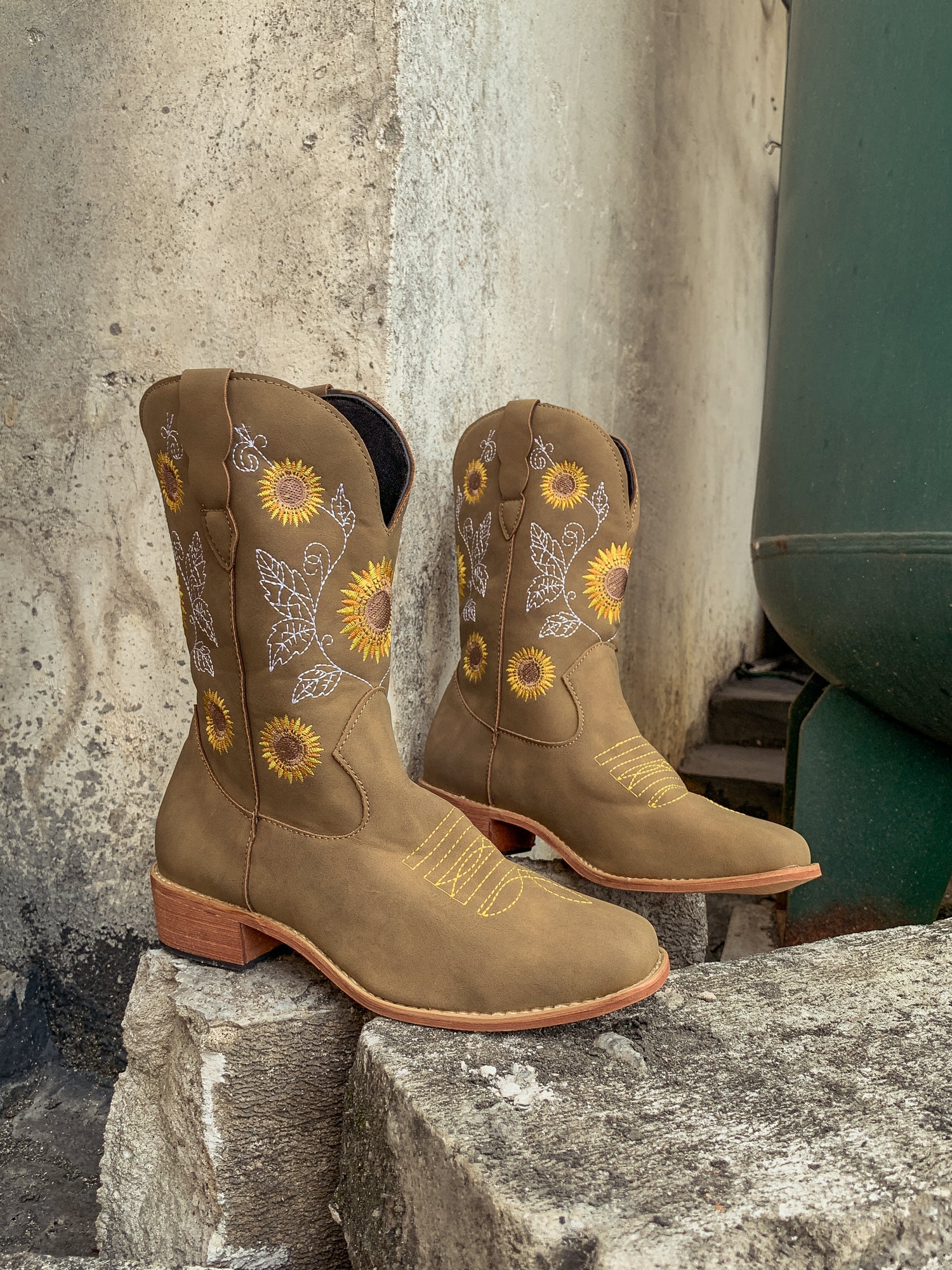 En Bloom | Khaki Sunflower Embroidered Knee Cowboy Boots - Image 9