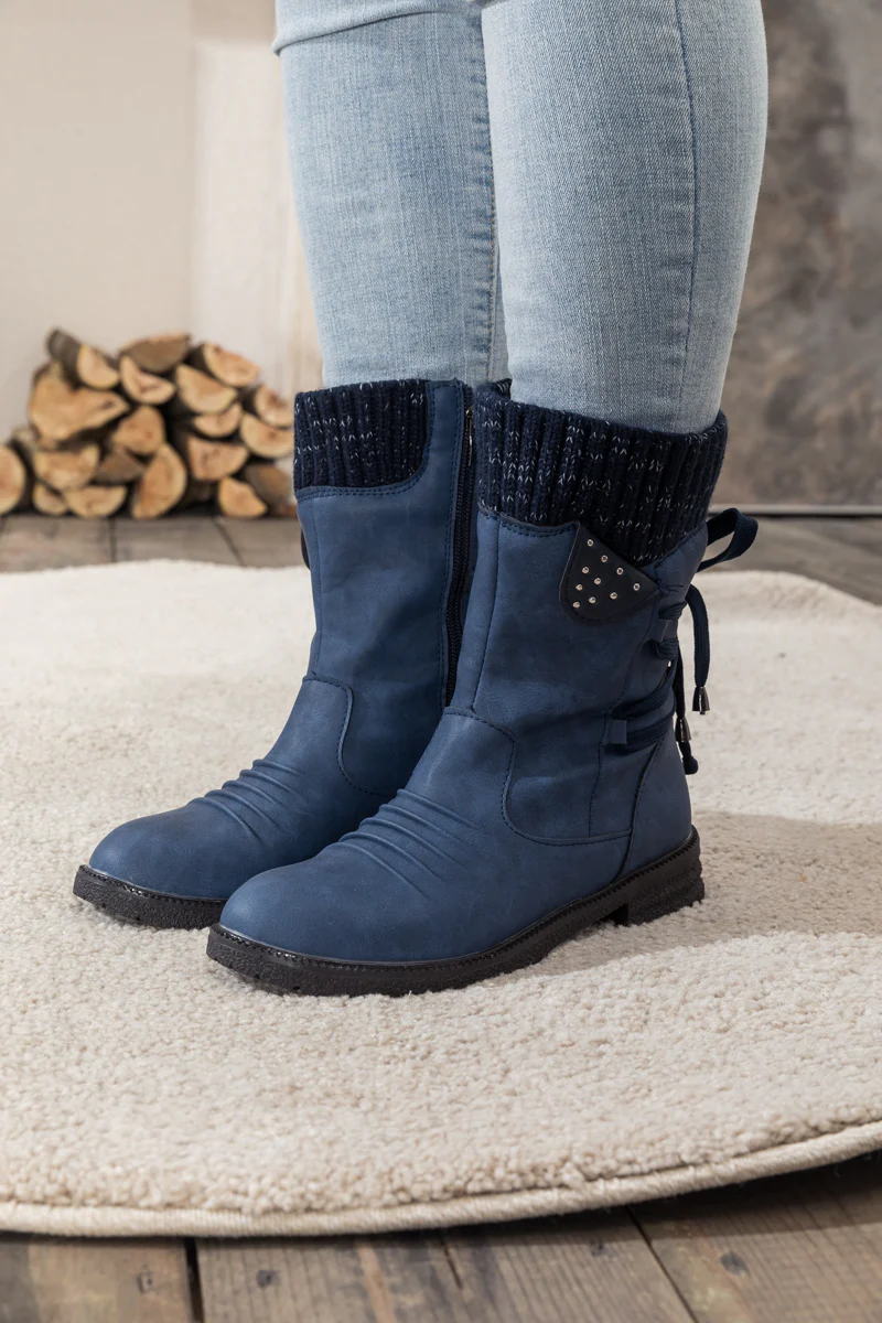En Bloom | Navy Ruched Back Tie-Accent Combat Boot - Image 2