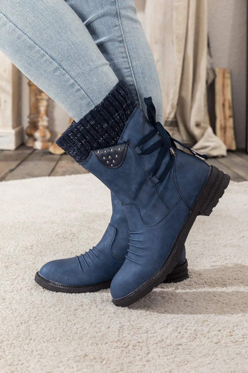 En Bloom | Navy Ruched Back Tie-Accent Combat Boot - Image 3