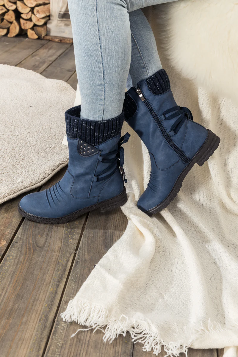 En Bloom | Navy Ruched Back Tie-Accent Combat Boot - Image 4