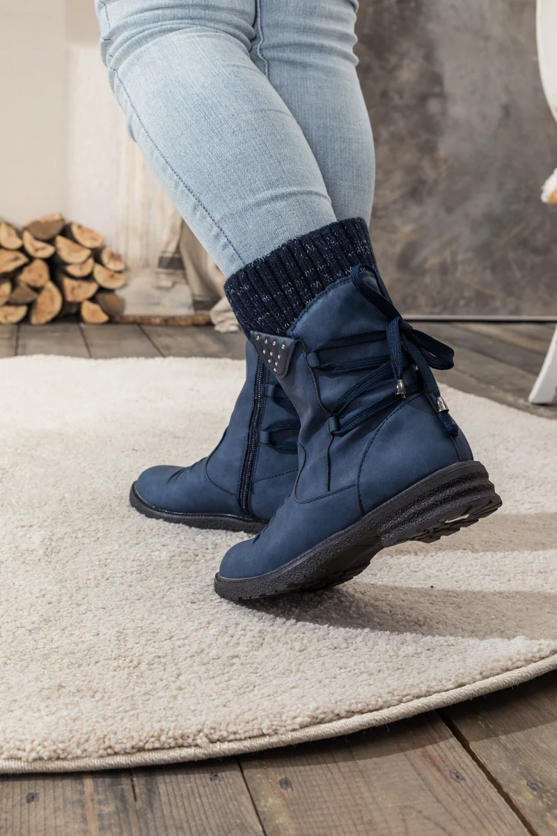 En Bloom | Navy Ruched Back Tie-Accent Combat Boot - Image 5