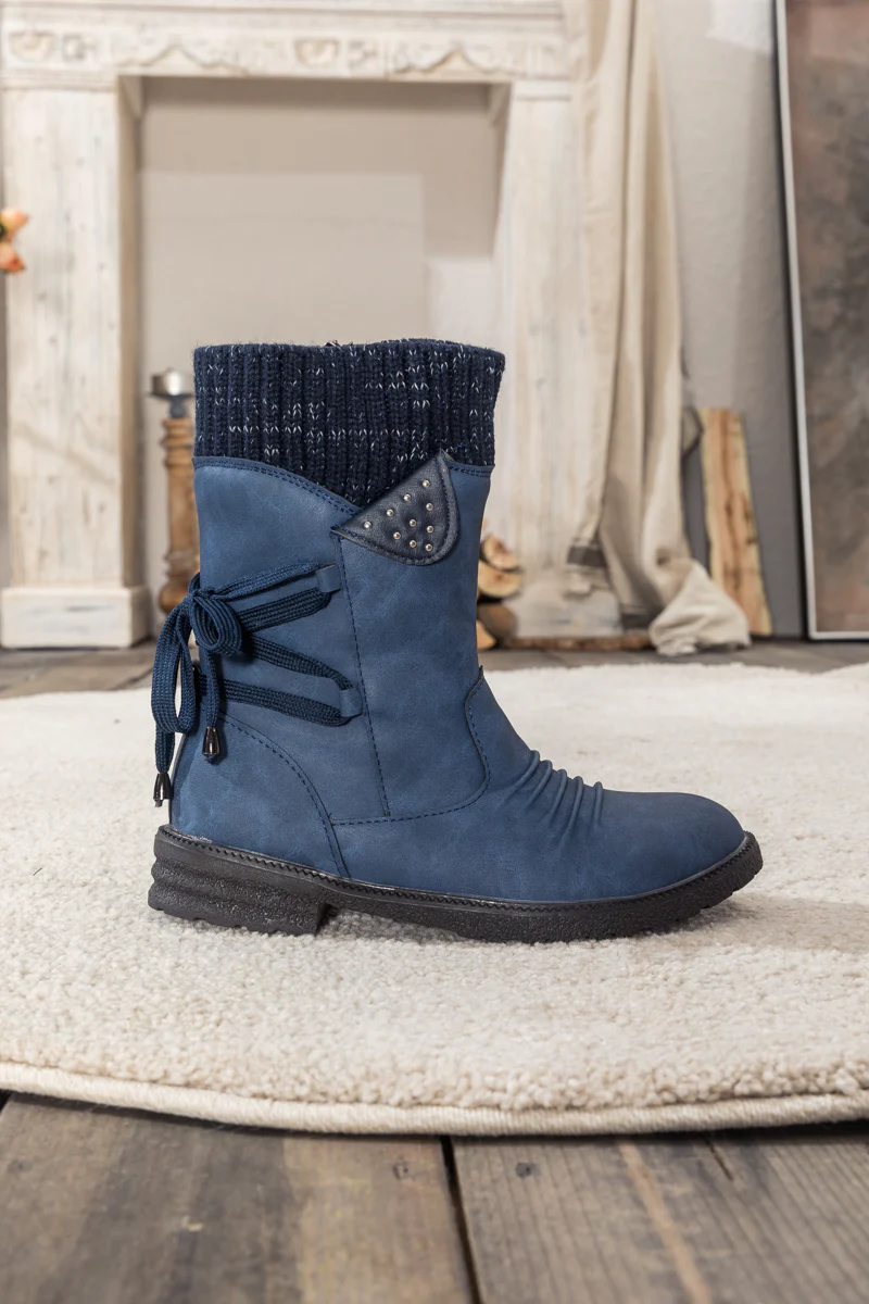 En Bloom | Navy Ruched Back Tie-Accent Combat Boot - Image 7