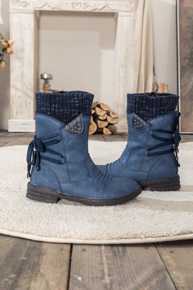 En Bloom | Navy Ruched Back Tie-Accent Combat Boot - Image 8