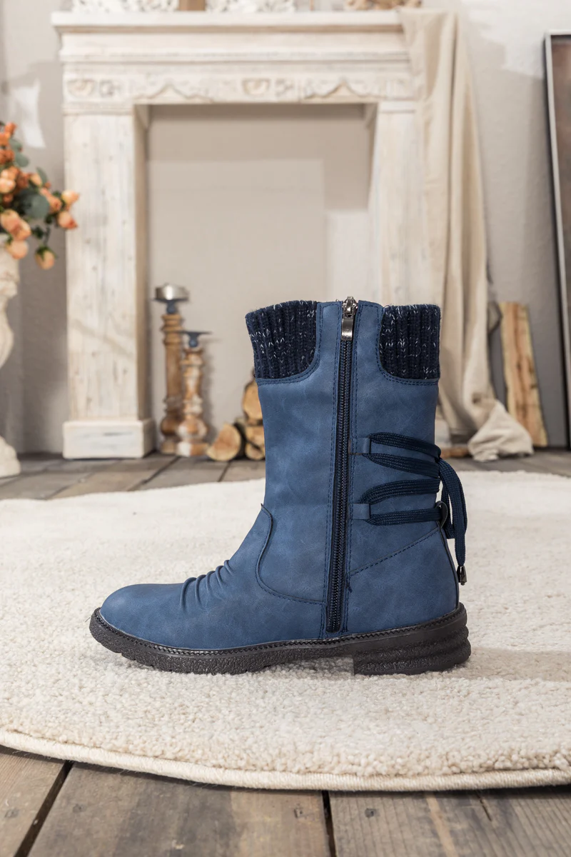 En Bloom | Navy Ruched Back Tie-Accent Combat Boot - Image 9