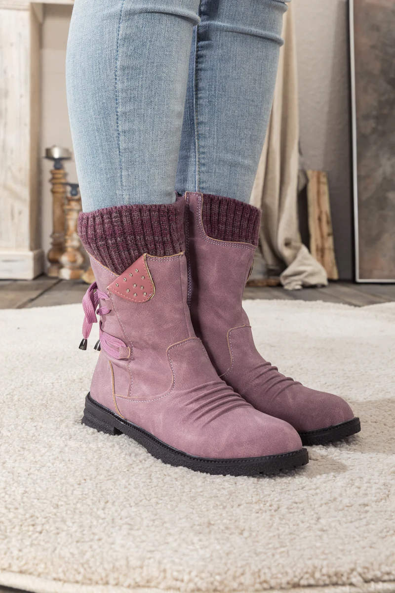 En Bloom | Purple Ruched Back Tie-Accent Combat Boot - Image 3