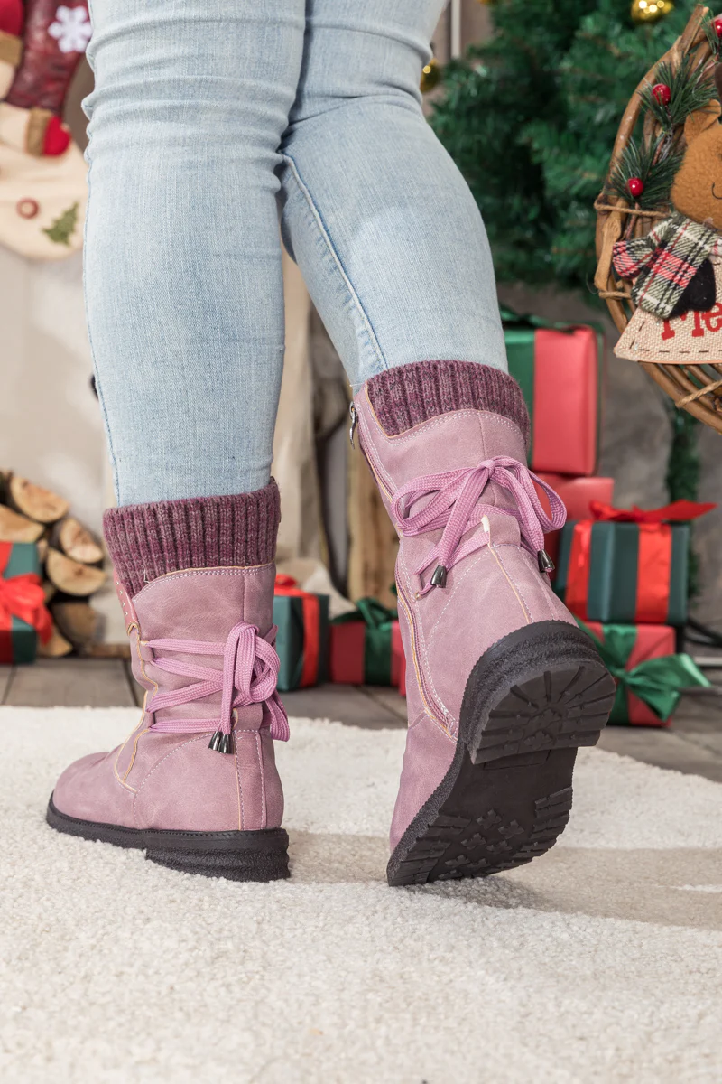 En Bloom | Purple Ruched Back Tie-Accent Combat Boot - Image 5