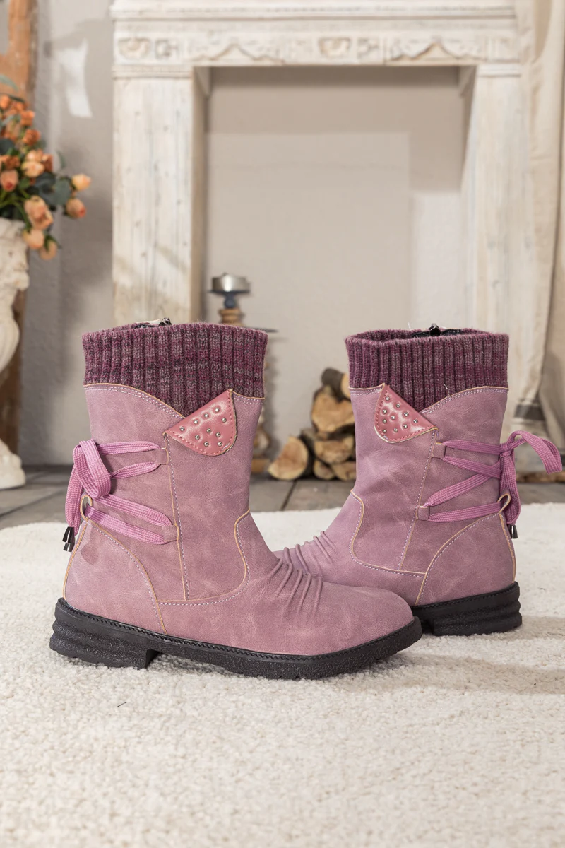 En Bloom | Purple Ruched Back Tie-Accent Combat Boot - Image 7