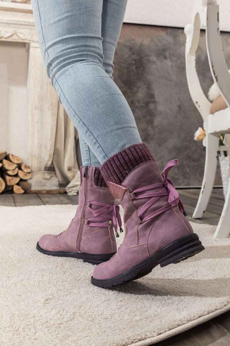 En Bloom | Purple Ruched Back Tie-Accent Combat Boot - Image 9