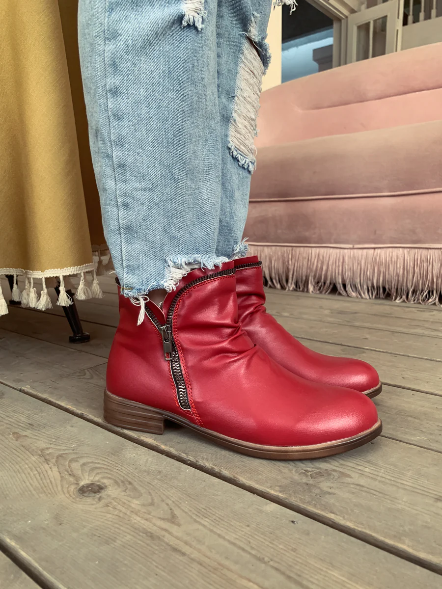 En Bloom | Red Side Zip Ruched Ankle Boot - Image 6