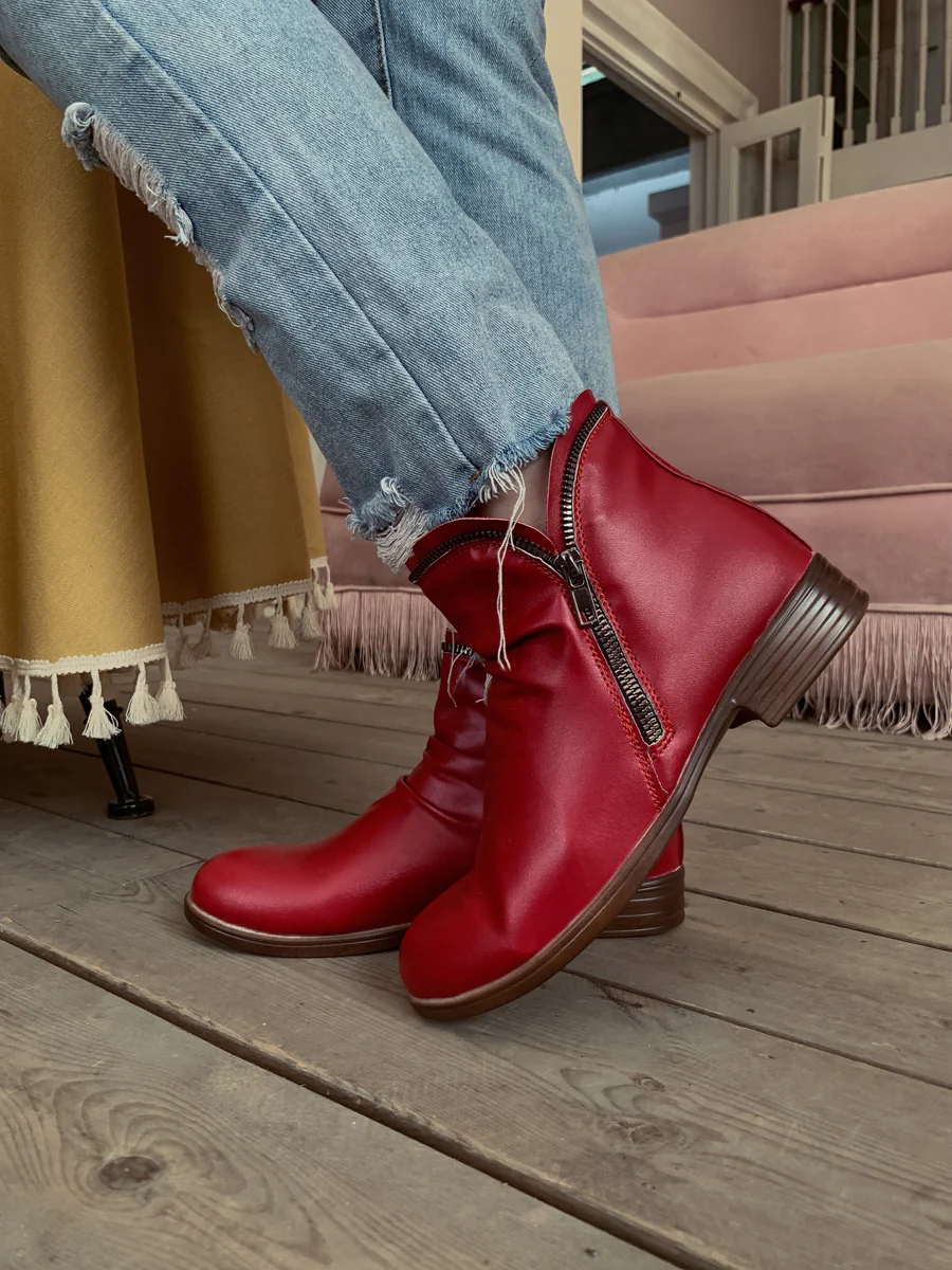 En Bloom | Red Side Zip Ruched Ankle Boot - Image 8