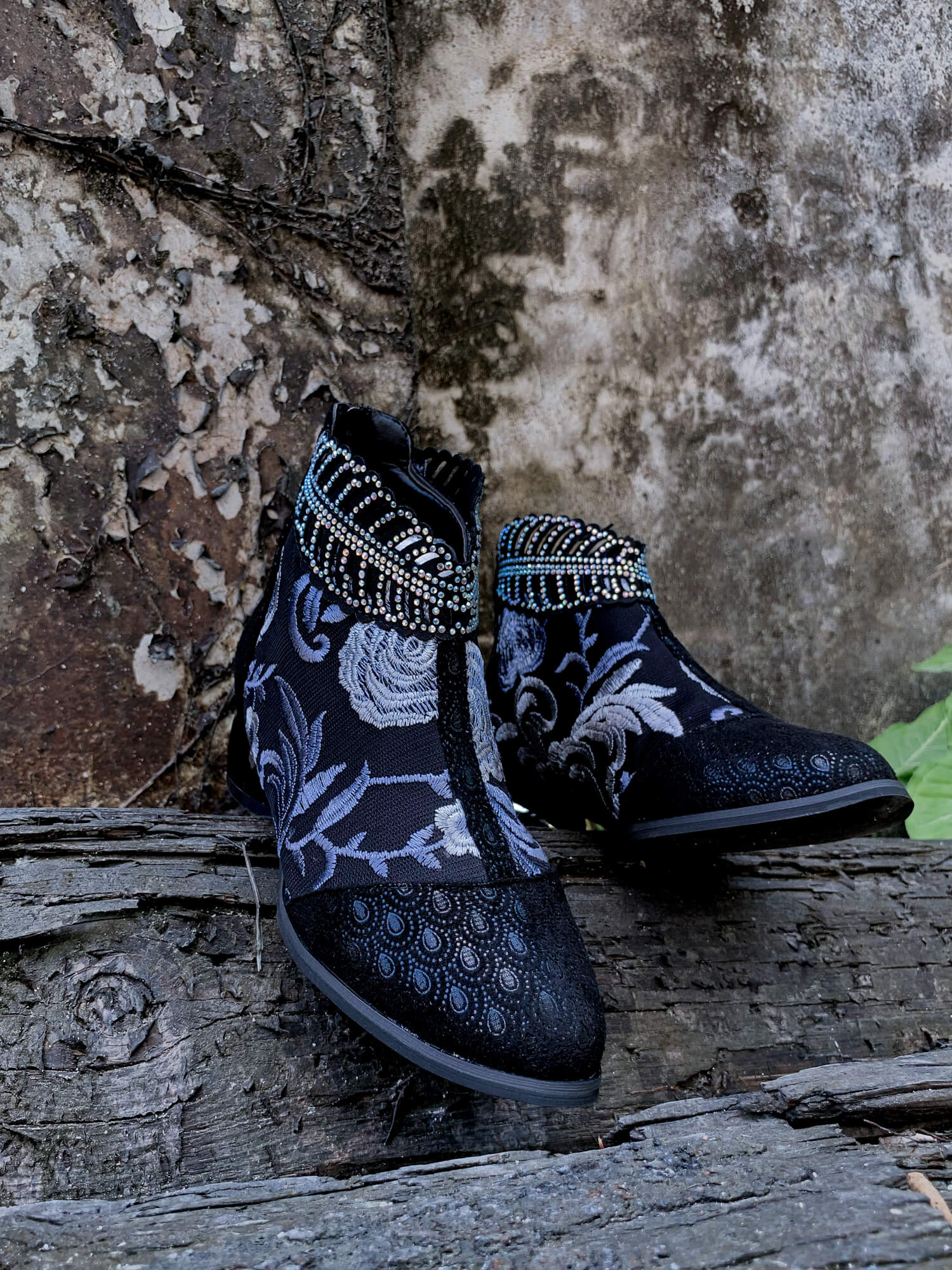 En Bloom | Rhinestone Ankle Floral-Embroidered Boot - Black - Image 10