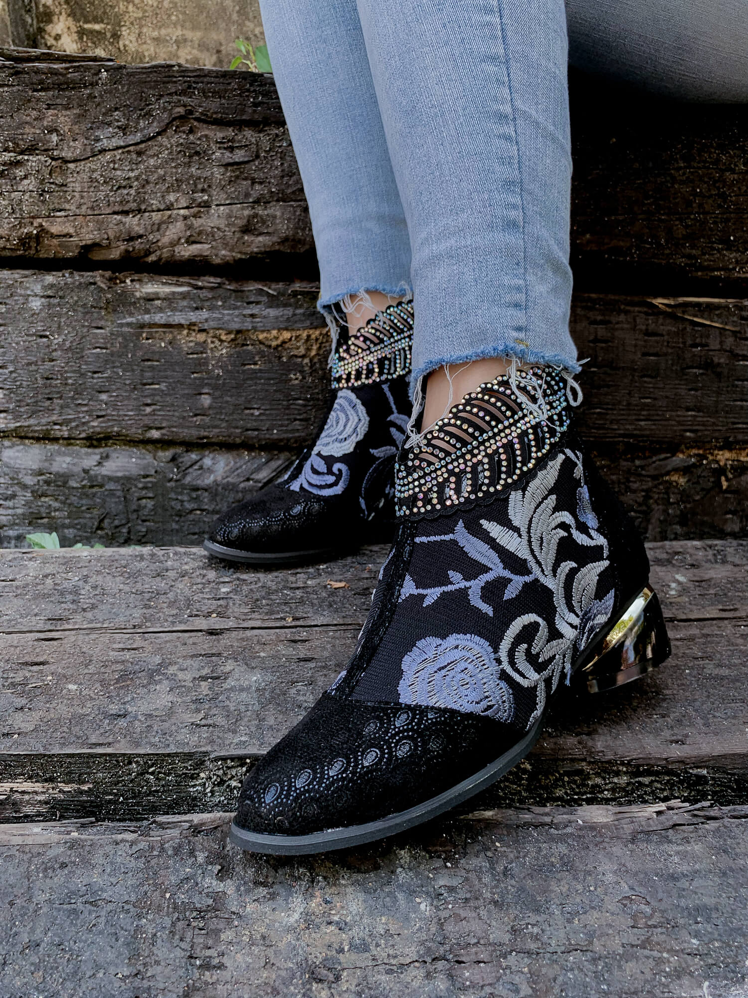 En Bloom | Rhinestone Ankle Floral-Embroidered Boot - Black - Image 2
