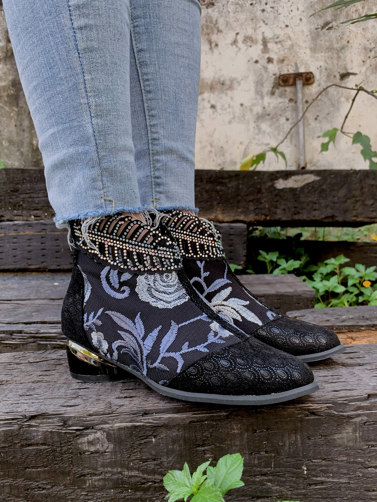 En Bloom | Rhinestone Ankle Floral-Embroidered Boot - Black - Image 3
