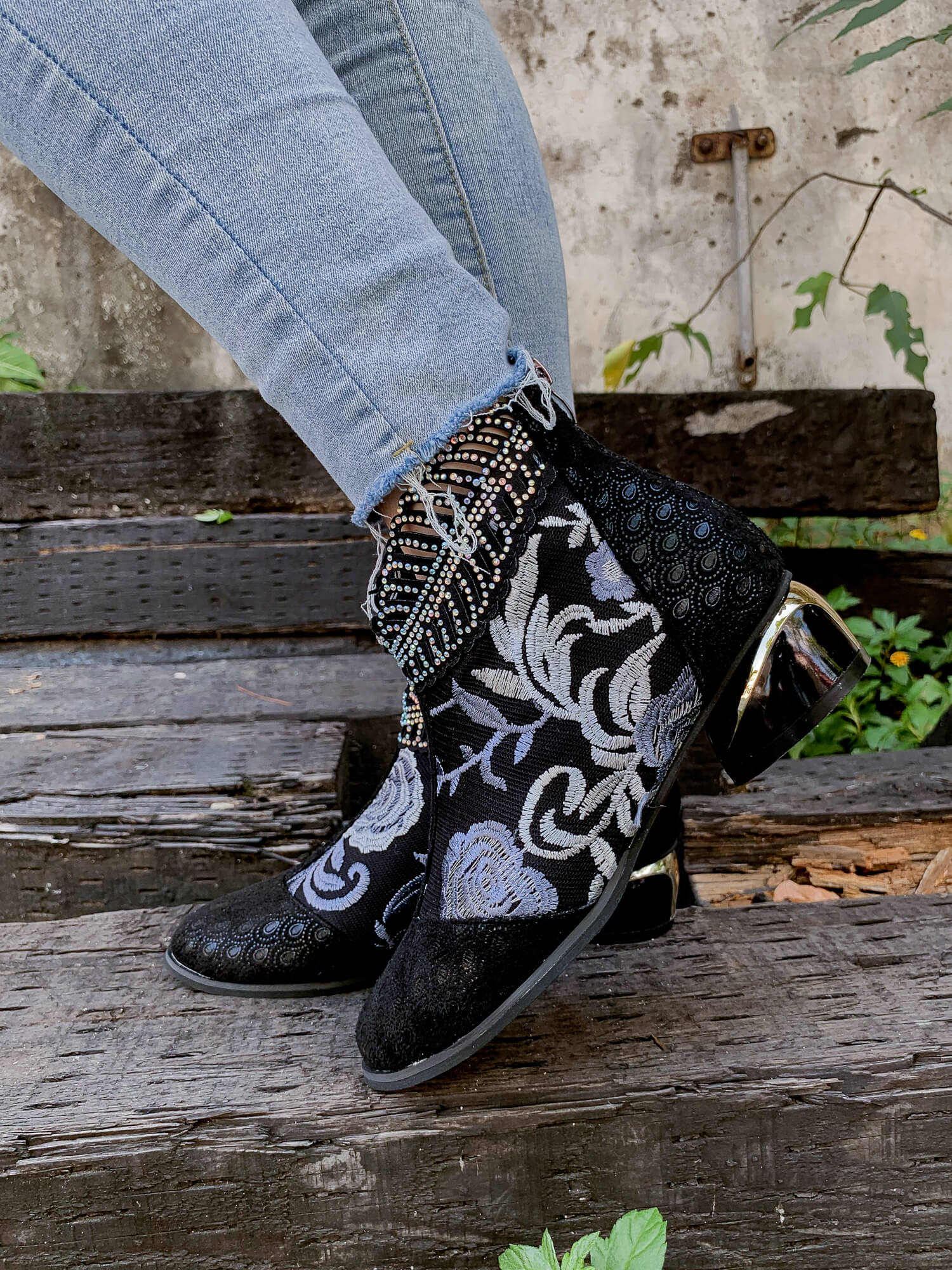 En Bloom | Rhinestone Ankle Floral-Embroidered Boot - Black - Image 4
