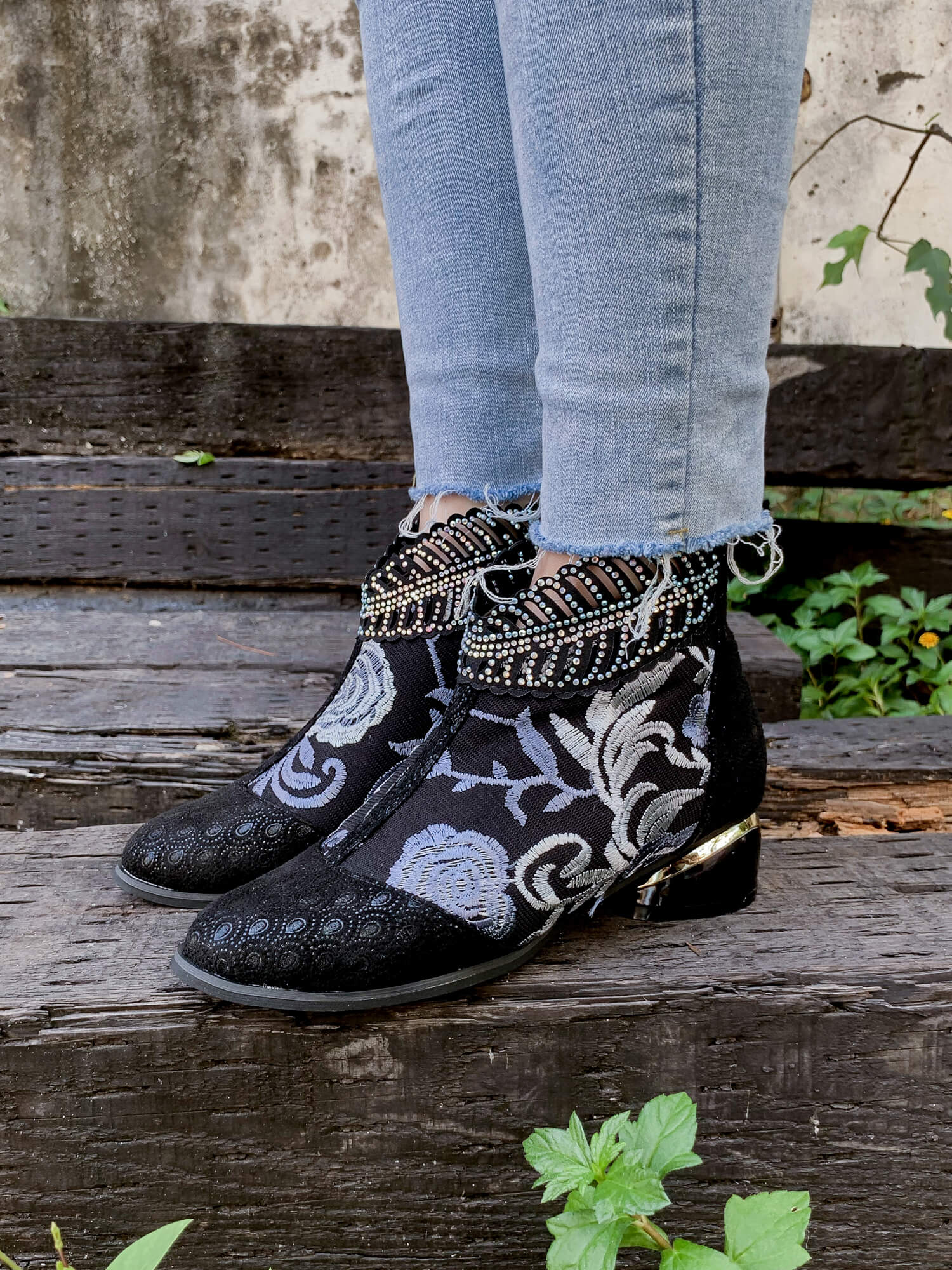 En Bloom | Rhinestone Ankle Floral-Embroidered Boot - Black - Image 5