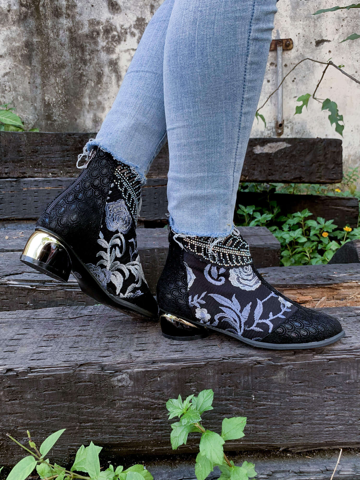 En Bloom | Rhinestone Ankle Floral-Embroidered Boot - Black - Image 6