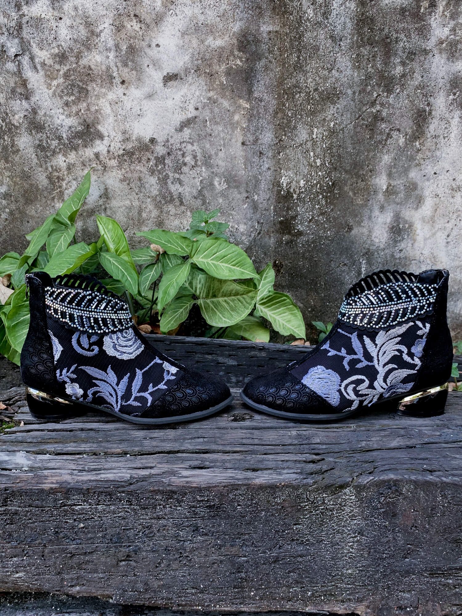 En Bloom | Rhinestone Ankle Floral-Embroidered Boot - Black - Image 7