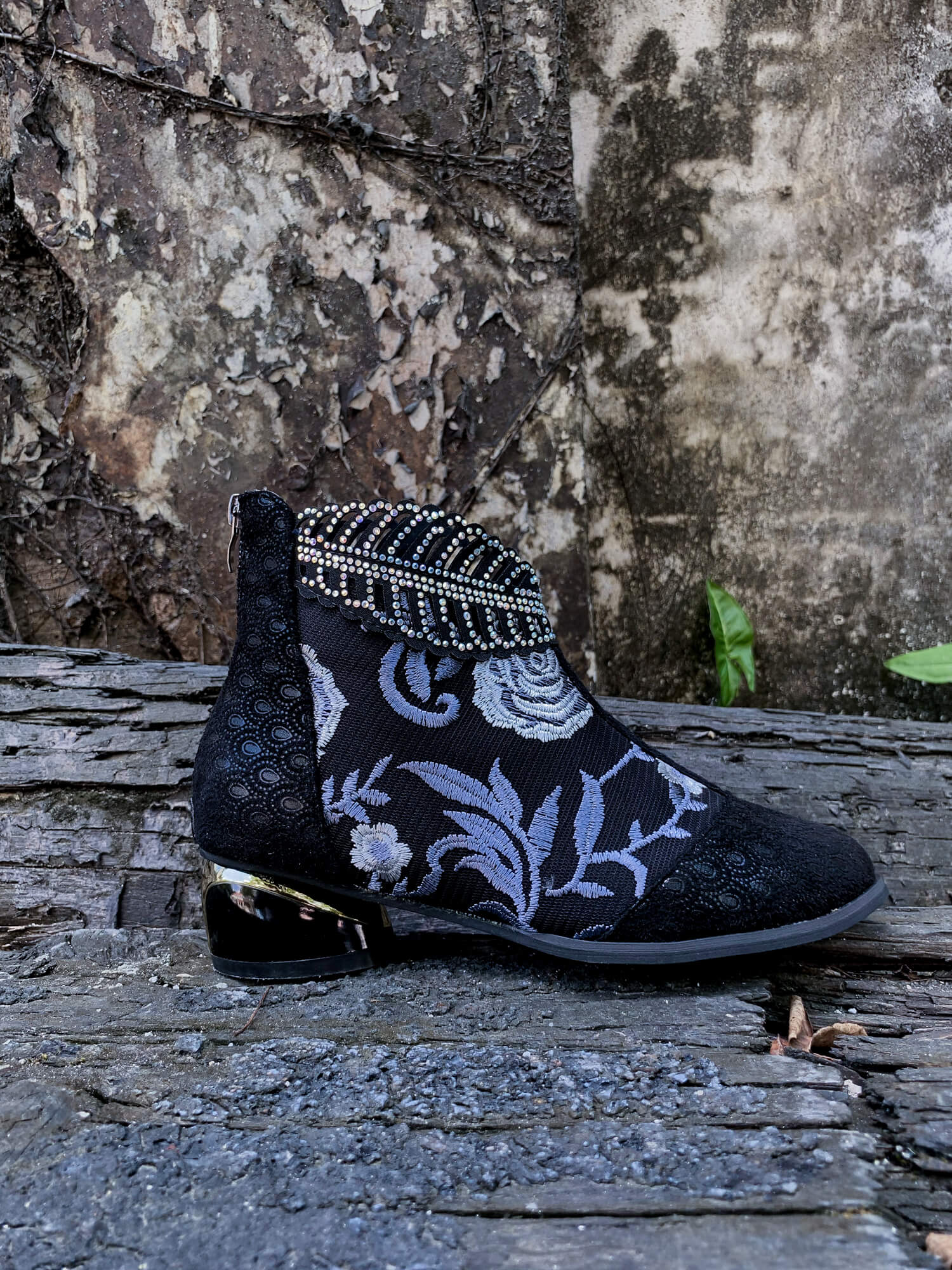 En Bloom | Rhinestone Ankle Floral-Embroidered Boot - Black - Image 8