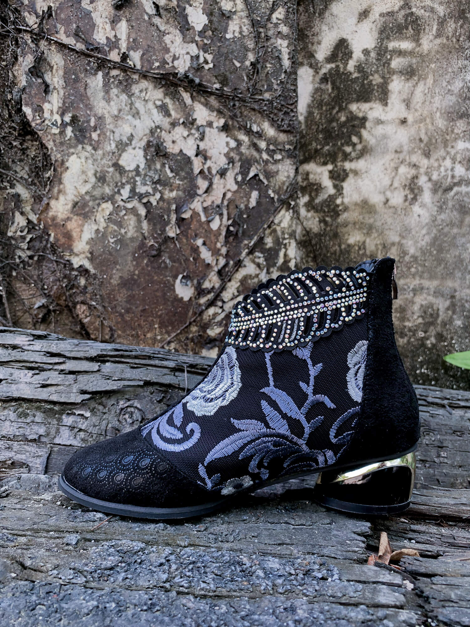 En Bloom | Rhinestone Ankle Floral-Embroidered Boot - Black - Image 9