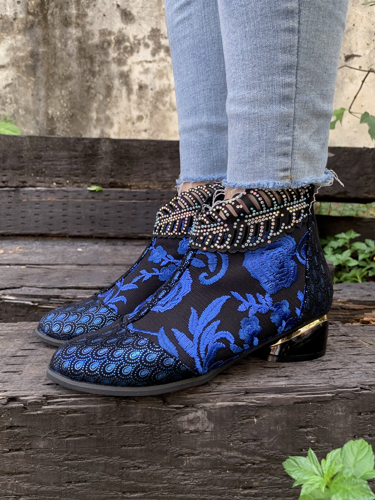 En Bloom | Rhinestone Ankle Floral-Embroidered Boot - Blue - Image 2