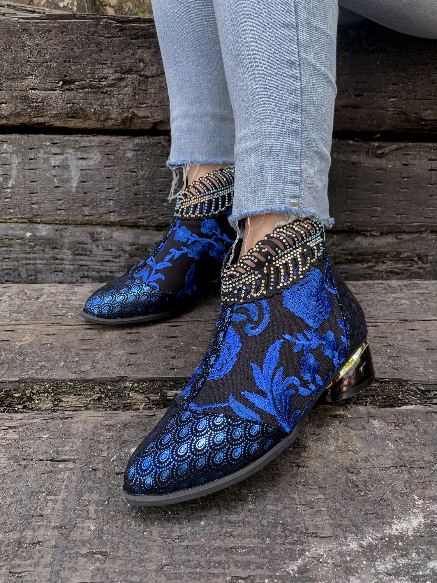 En Bloom | Rhinestone Ankle Floral-Embroidered Boot - Blue - Image 4