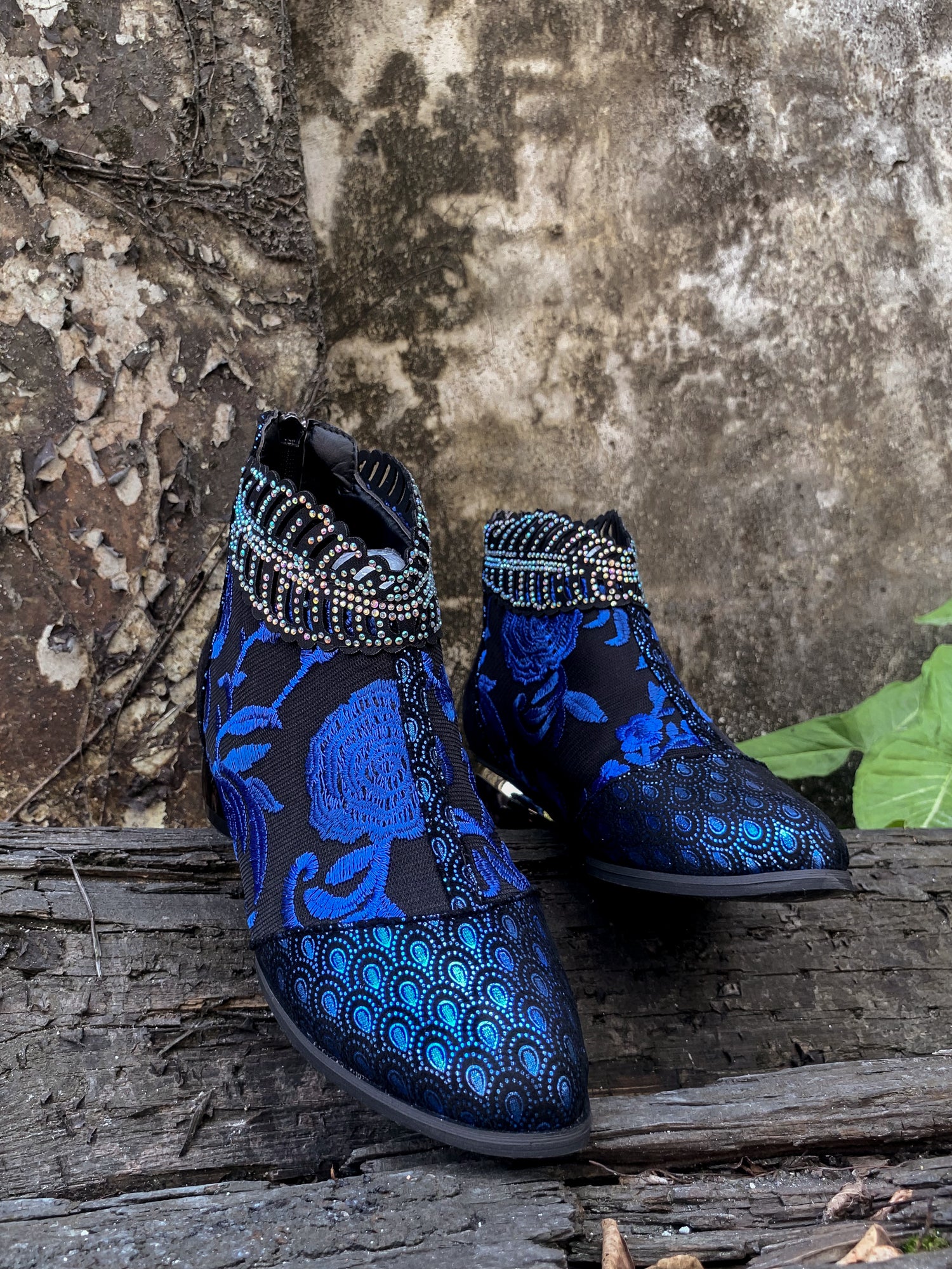 En Bloom | Rhinestone Ankle Floral-Embroidered Boot - Blue - Image 5