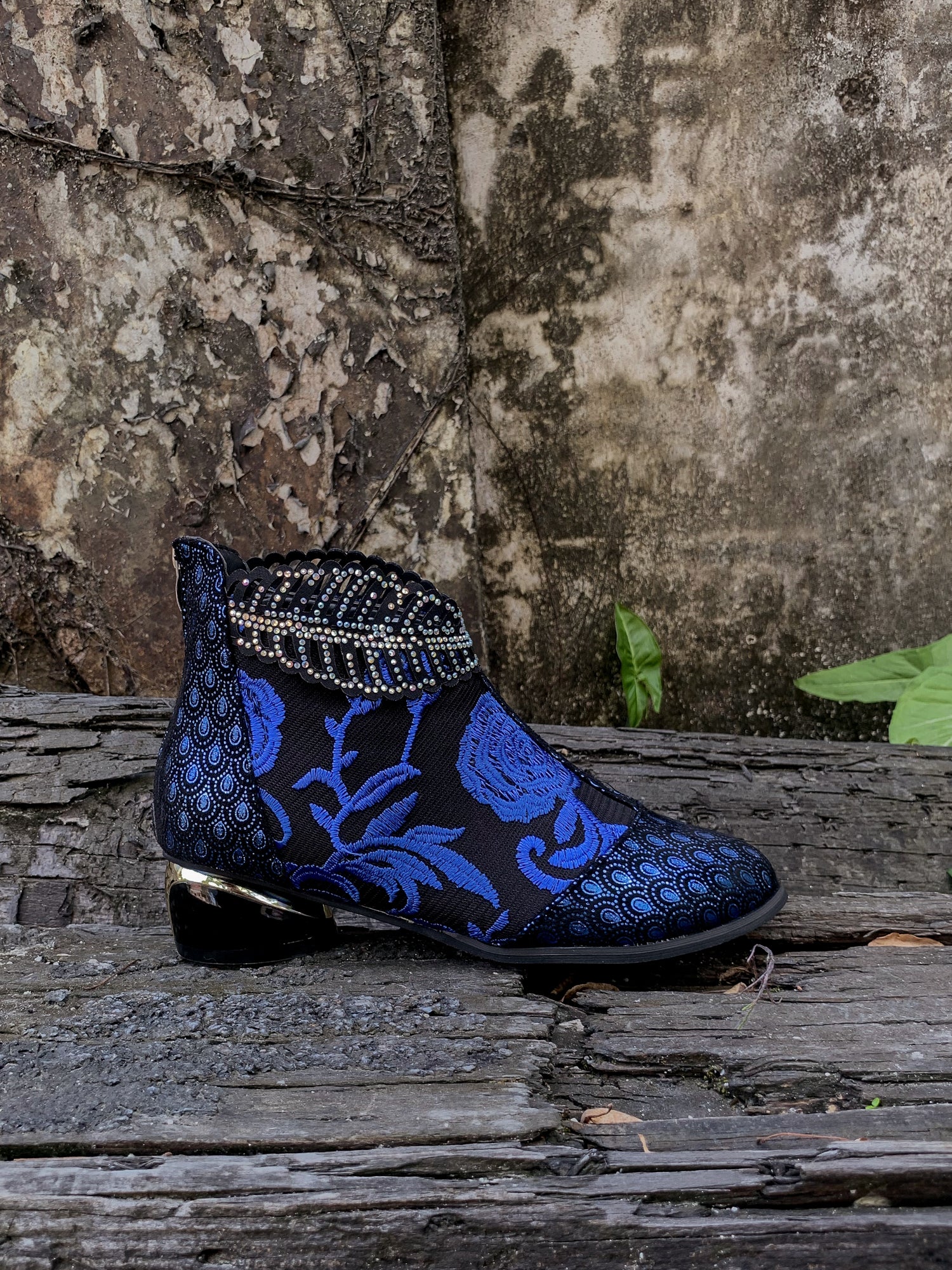 En Bloom | Rhinestone Ankle Floral-Embroidered Boot - Blue - Image 6
