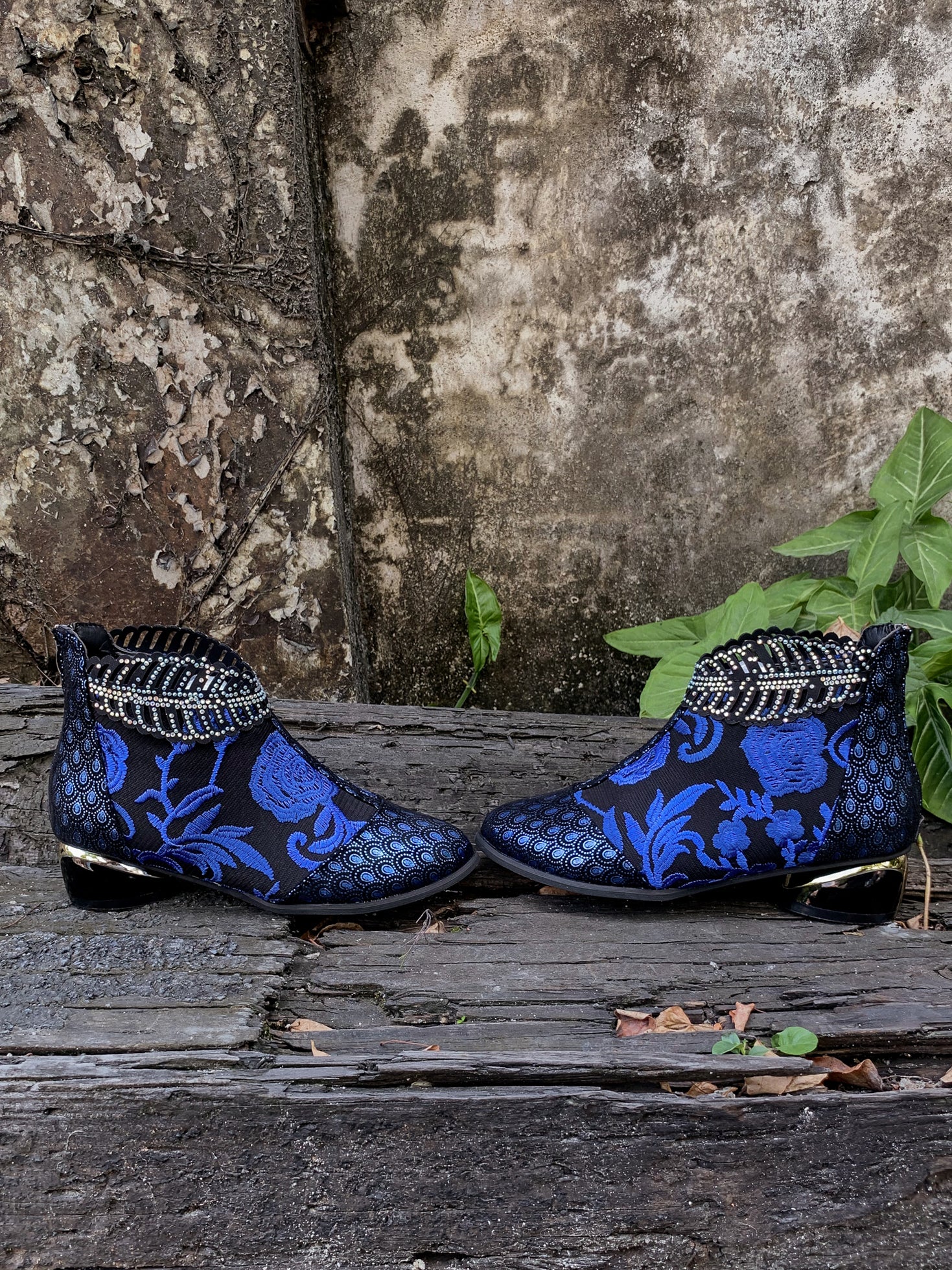 En Bloom | Rhinestone Ankle Floral-Embroidered Boot - Blue - Image 7