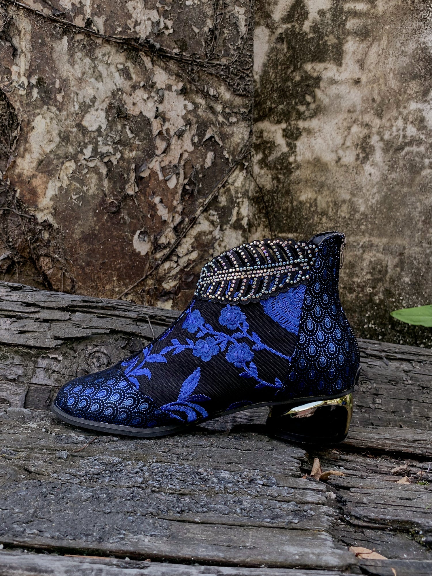 En Bloom | Rhinestone Ankle Floral-Embroidered Boot - Blue - Image 8