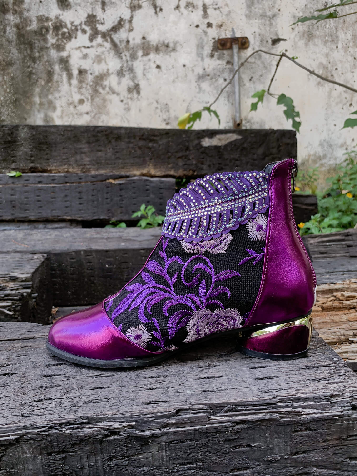En Bloom | Rhinestone Ankle Floral-Embroidered Boot - Purple - Image 10