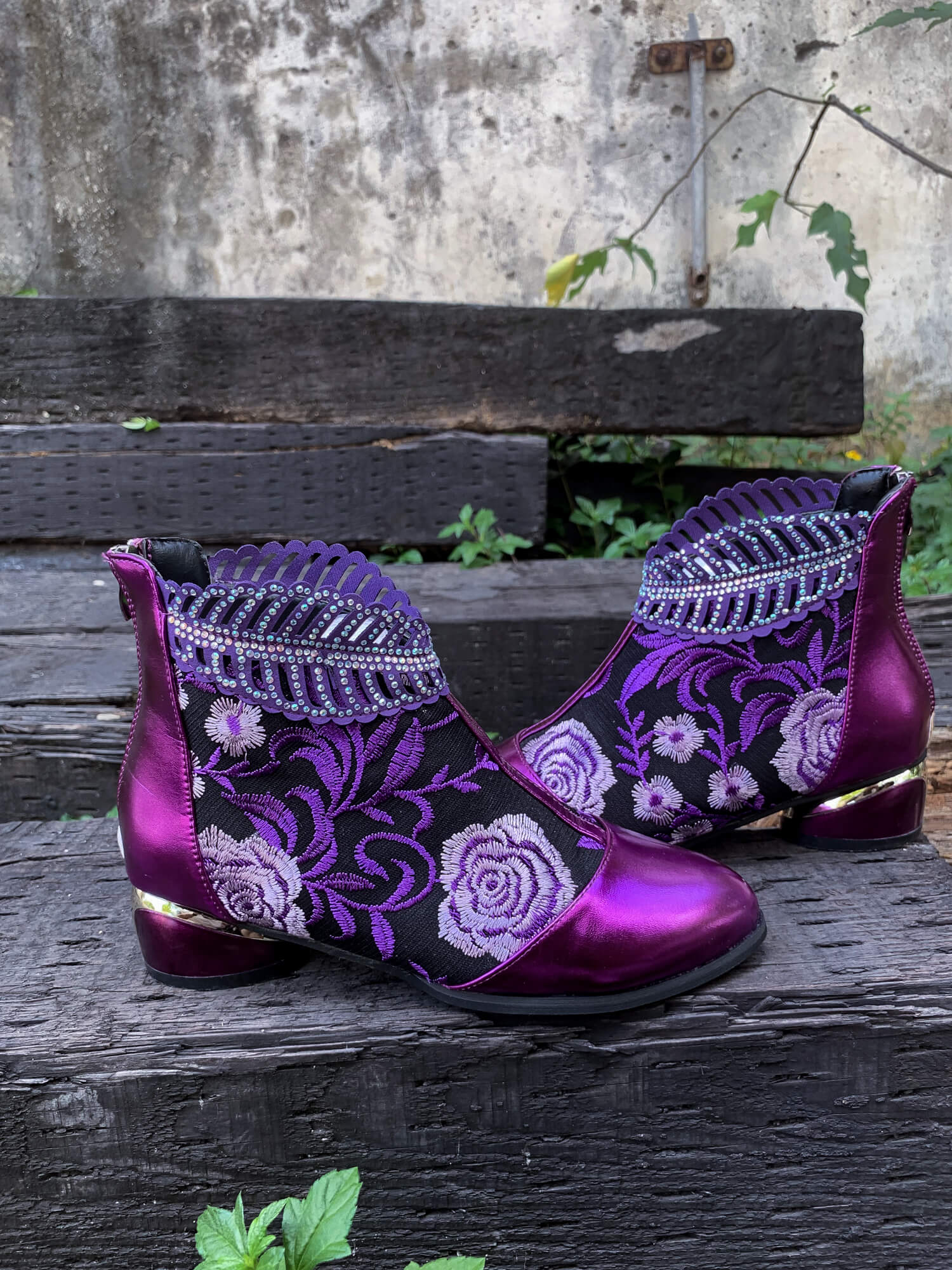 En Bloom | Rhinestone Ankle Floral-Embroidered Boot - Purple - Image 2