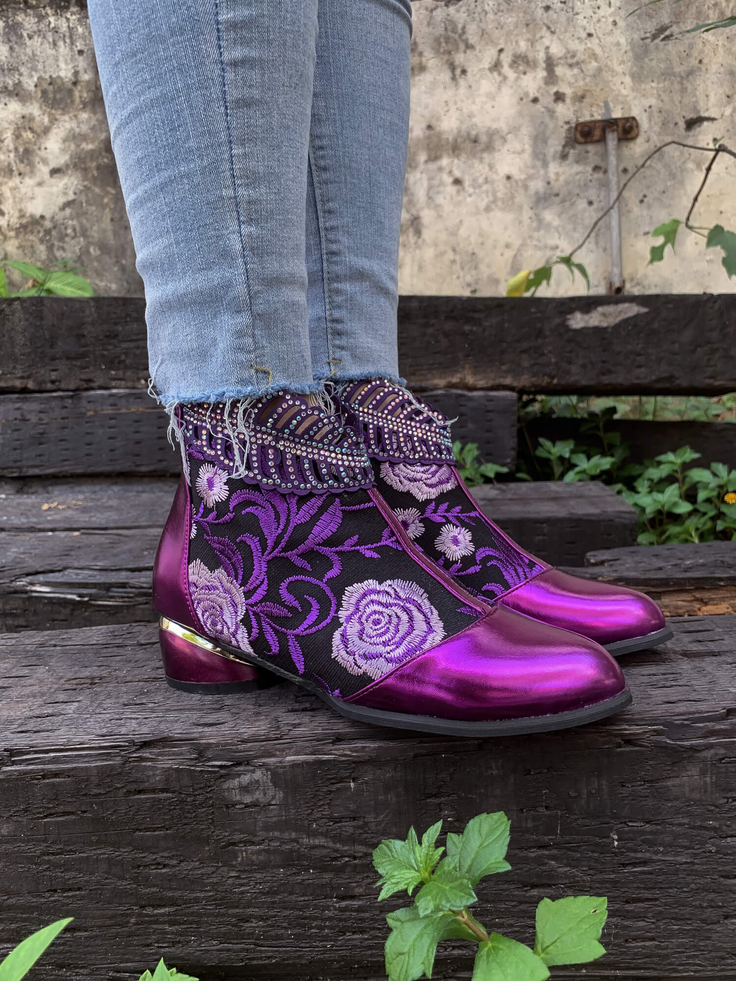 En Bloom | Rhinestone Ankle Floral-Embroidered Boot - Purple - Image 3
