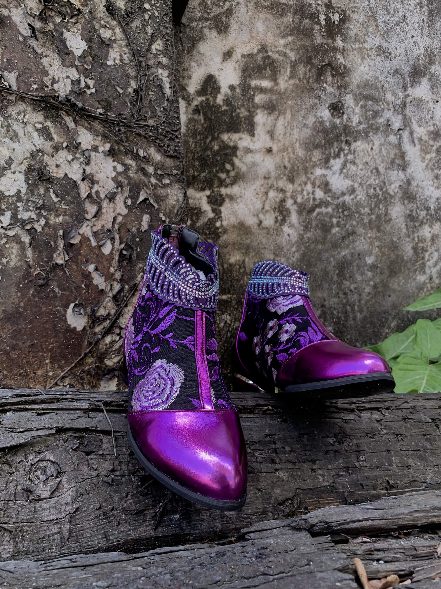 En Bloom | Rhinestone Ankle Floral-Embroidered Boot - Purple - Image 4