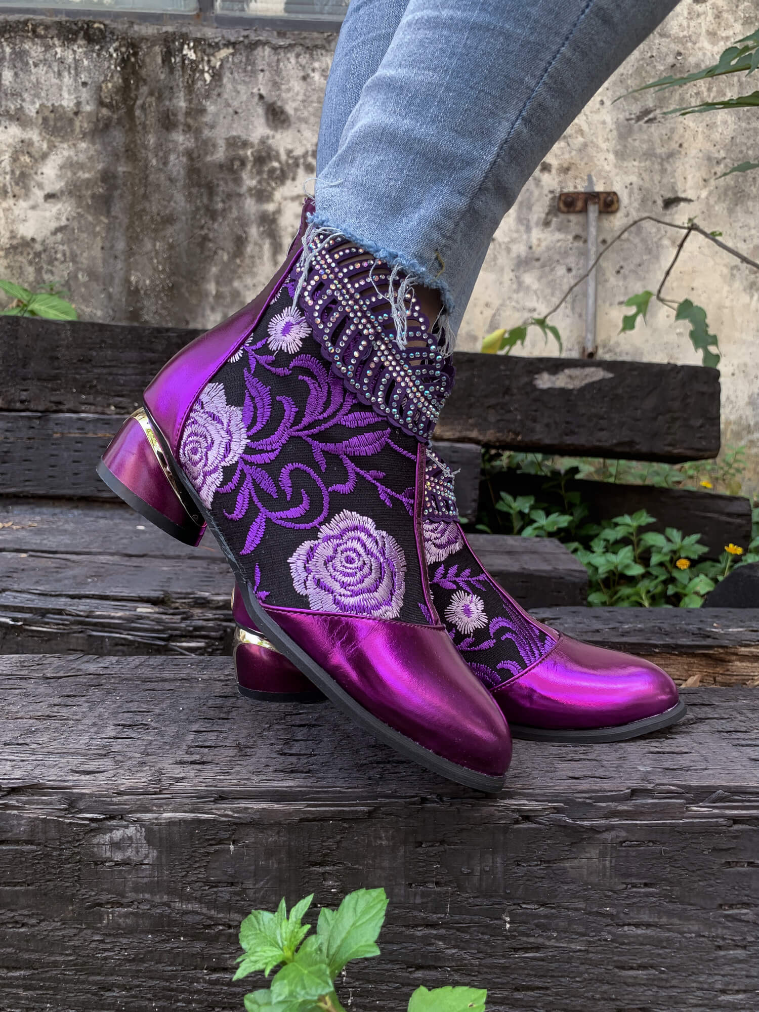 En Bloom | Rhinestone Ankle Floral-Embroidered Boot - Purple - Image 5