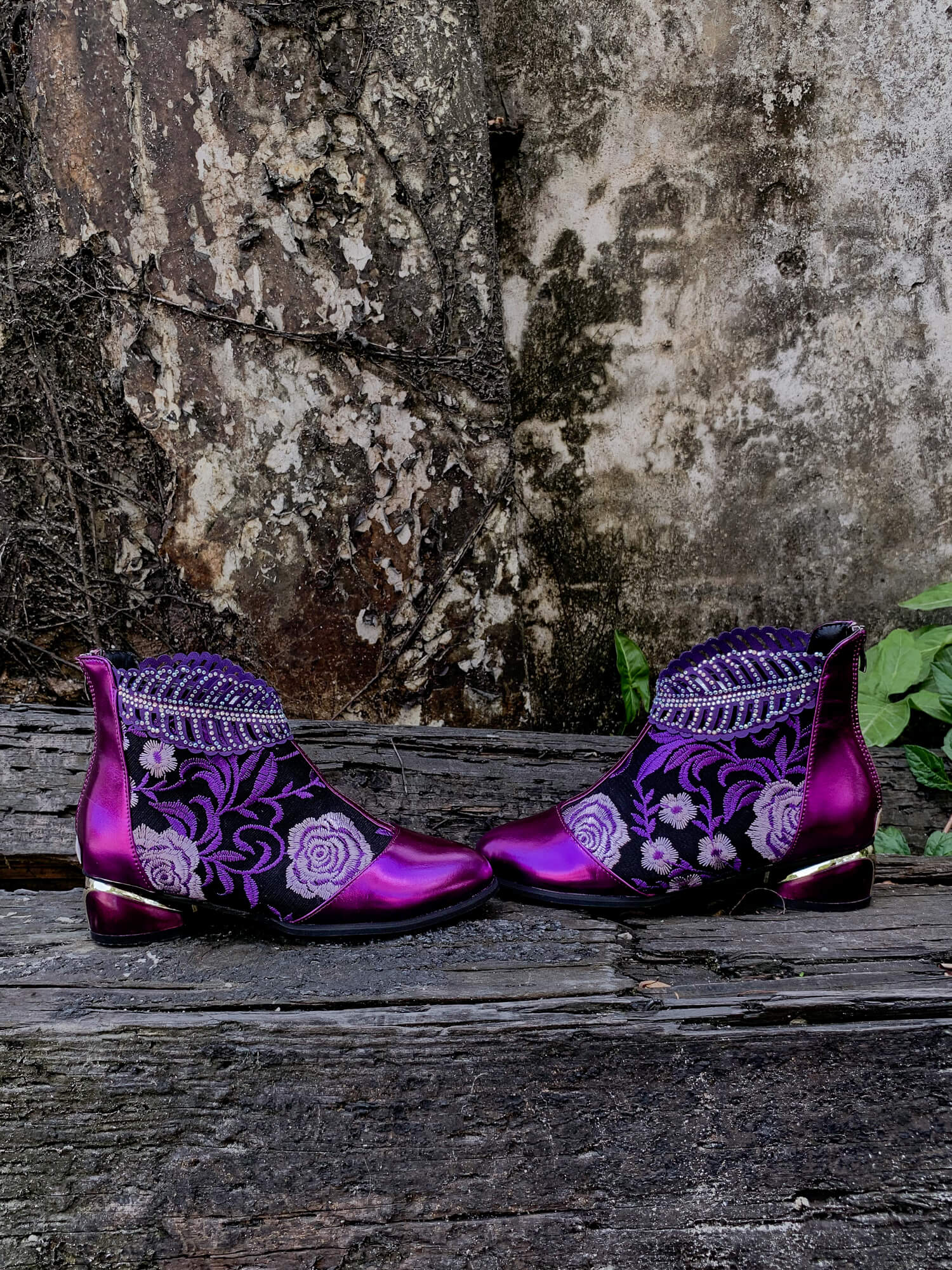En Bloom | Rhinestone Ankle Floral-Embroidered Boot - Purple - Image 6