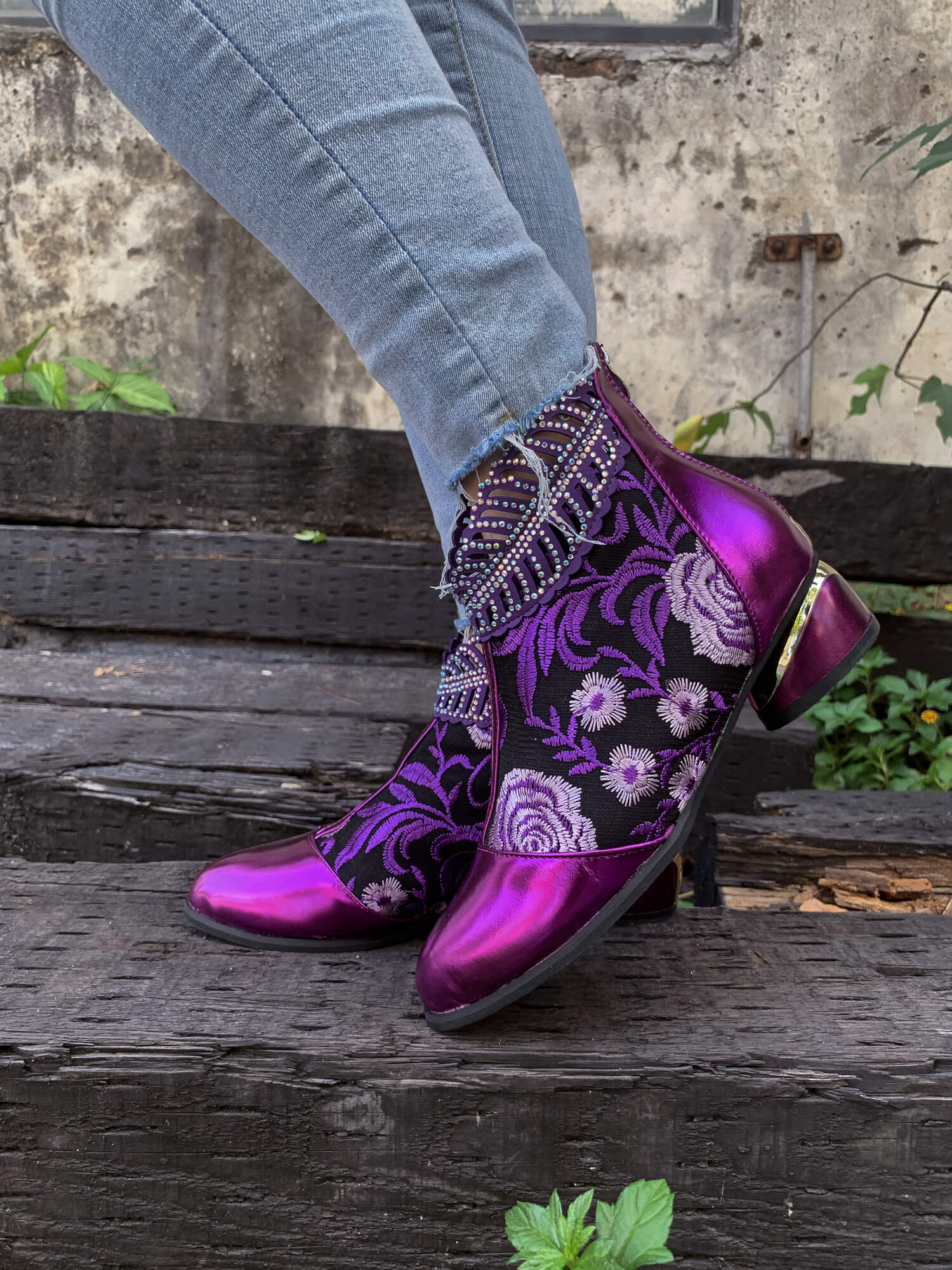 En Bloom | Rhinestone Ankle Floral-Embroidered Boot - Purple - Image 7