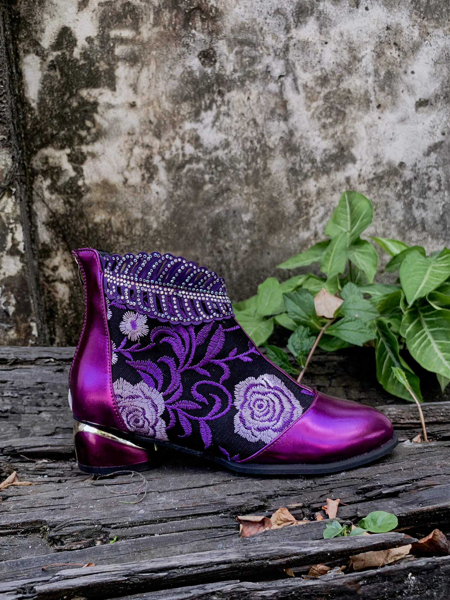 En Bloom | Rhinestone Ankle Floral-Embroidered Boot - Purple - Image 8