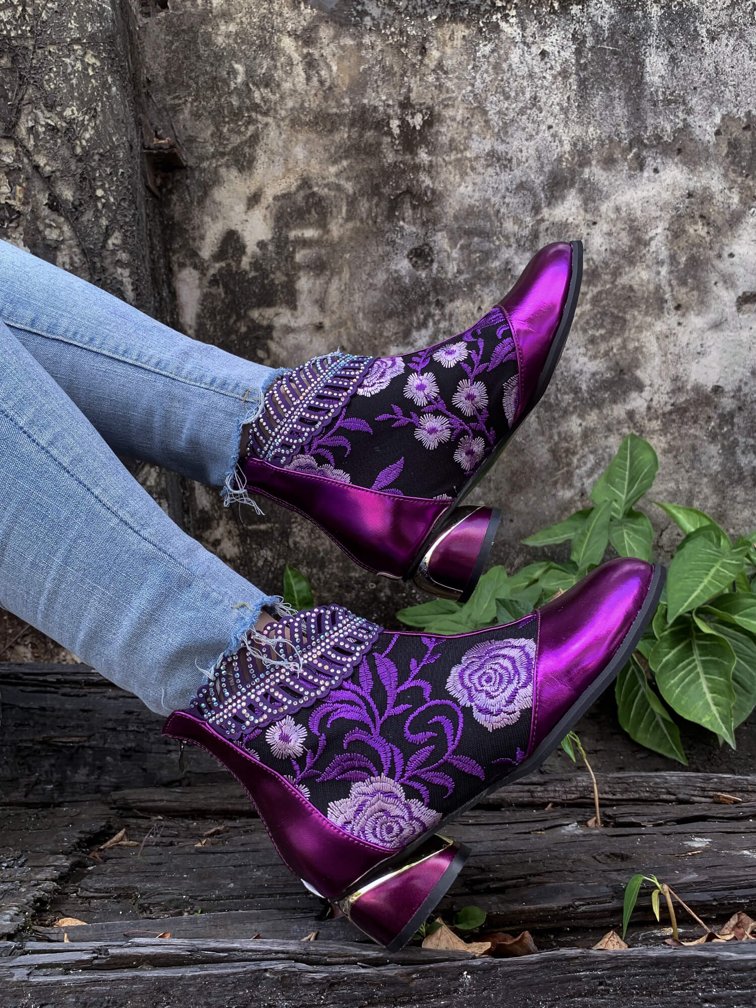 En Bloom | Rhinestone Ankle Floral-Embroidered Boot - Purple - Image 9