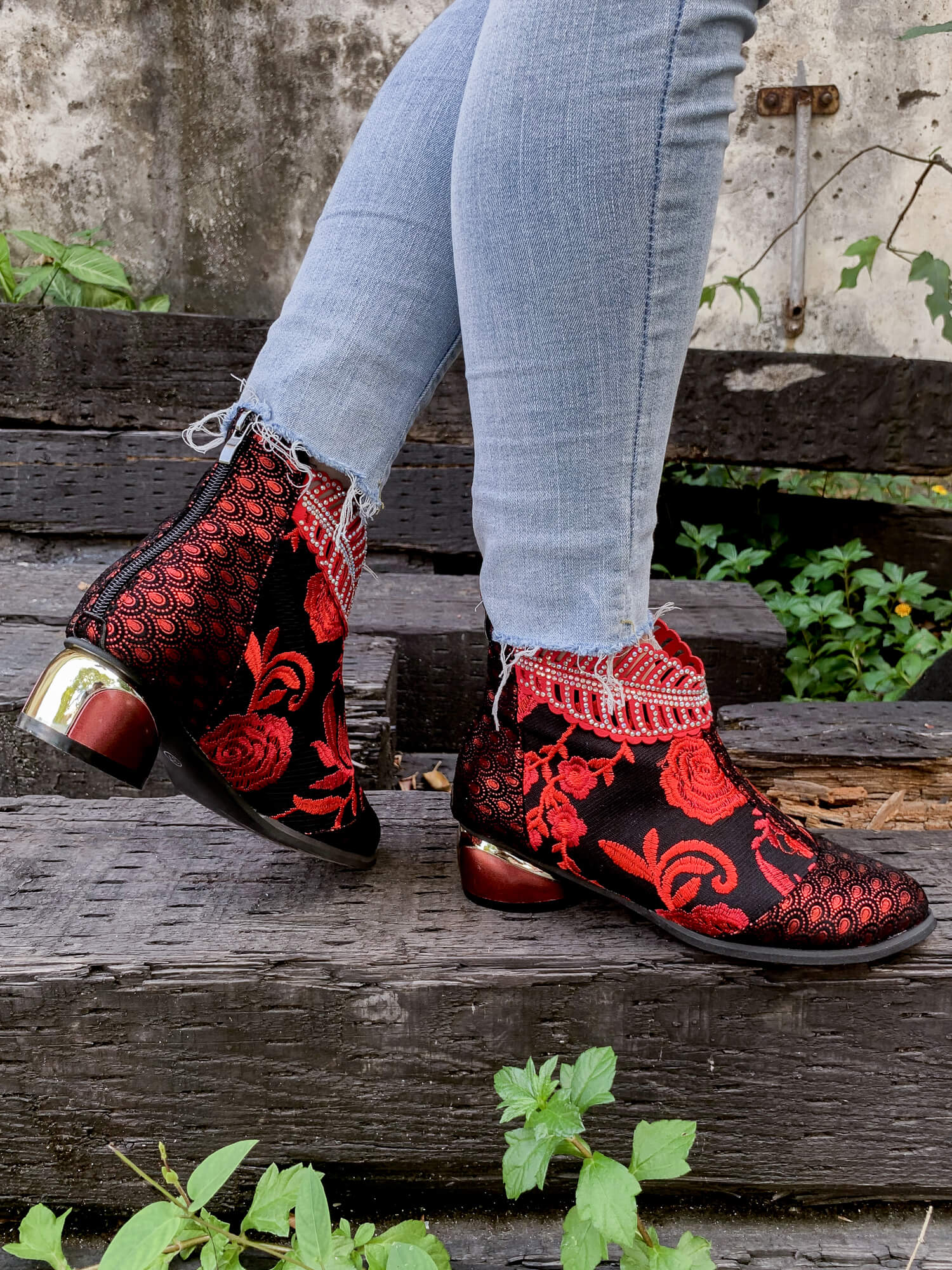 En Bloom | Rhinestone Ankle Floral-Embroidered Boot - Red - Image 10