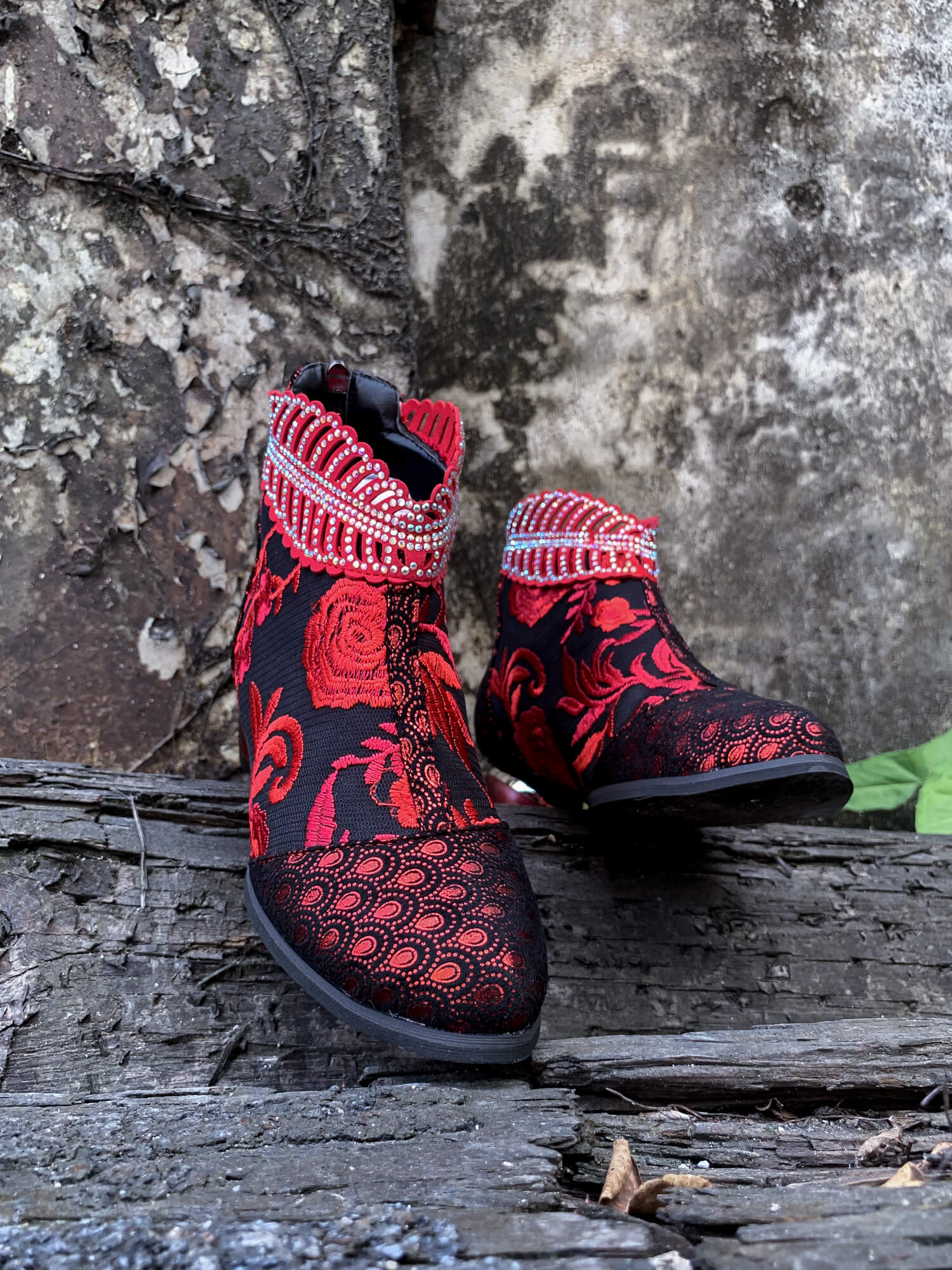 En Bloom | Rhinestone Ankle Floral-Embroidered Boot - Red - Image 2
