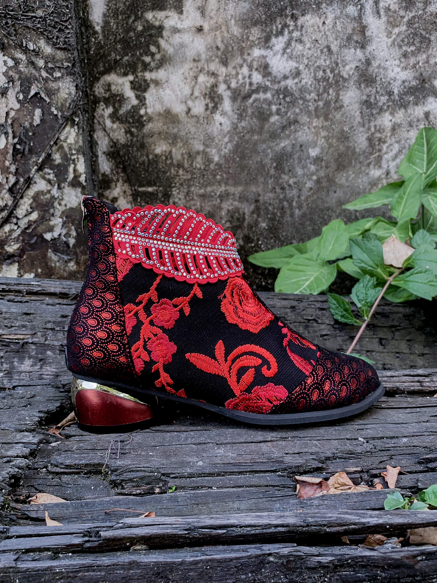 En Bloom | Rhinestone Ankle Floral-Embroidered Boot - Red - Image 3