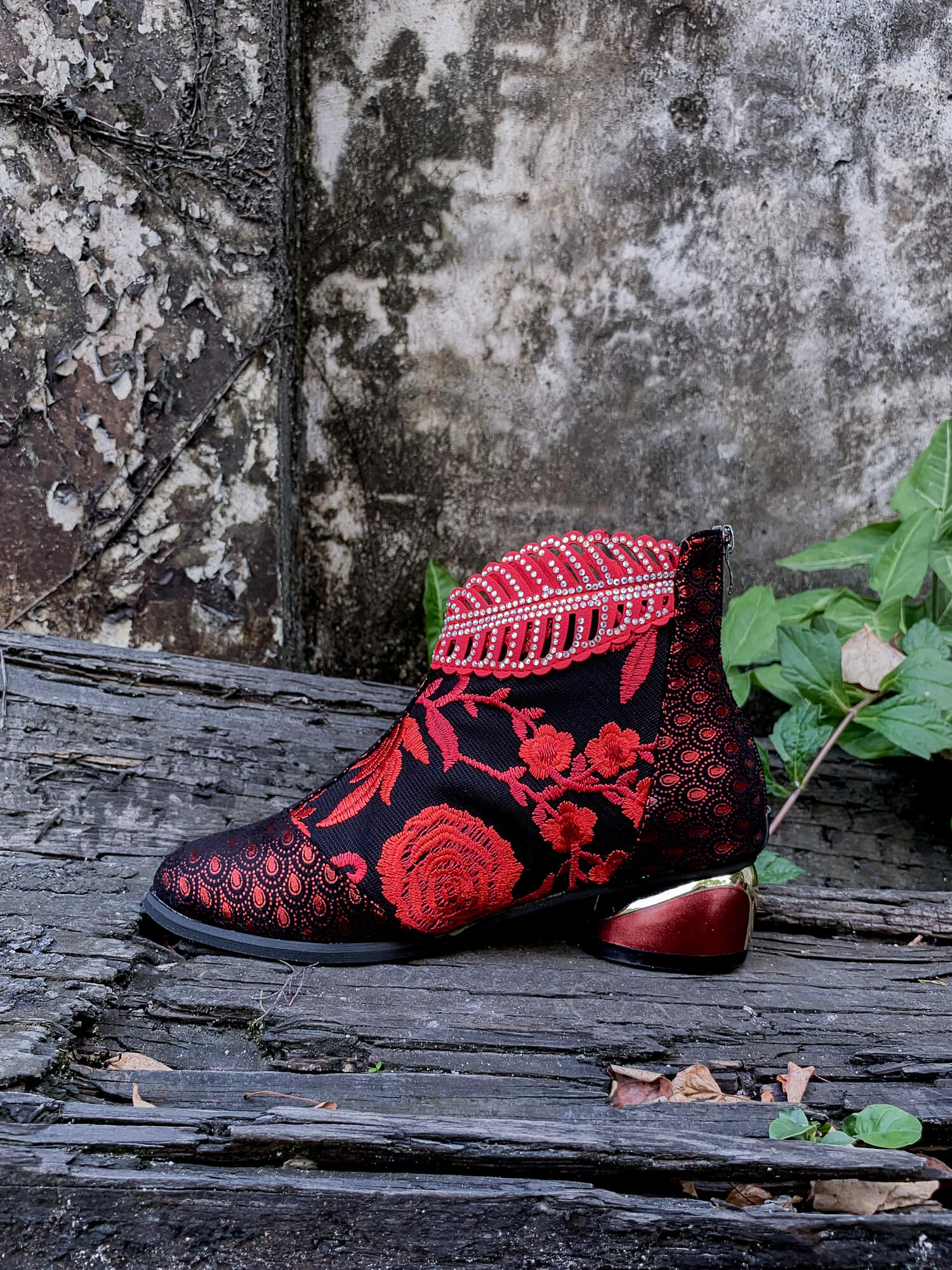 En Bloom | Rhinestone Ankle Floral-Embroidered Boot - Red - Image 4