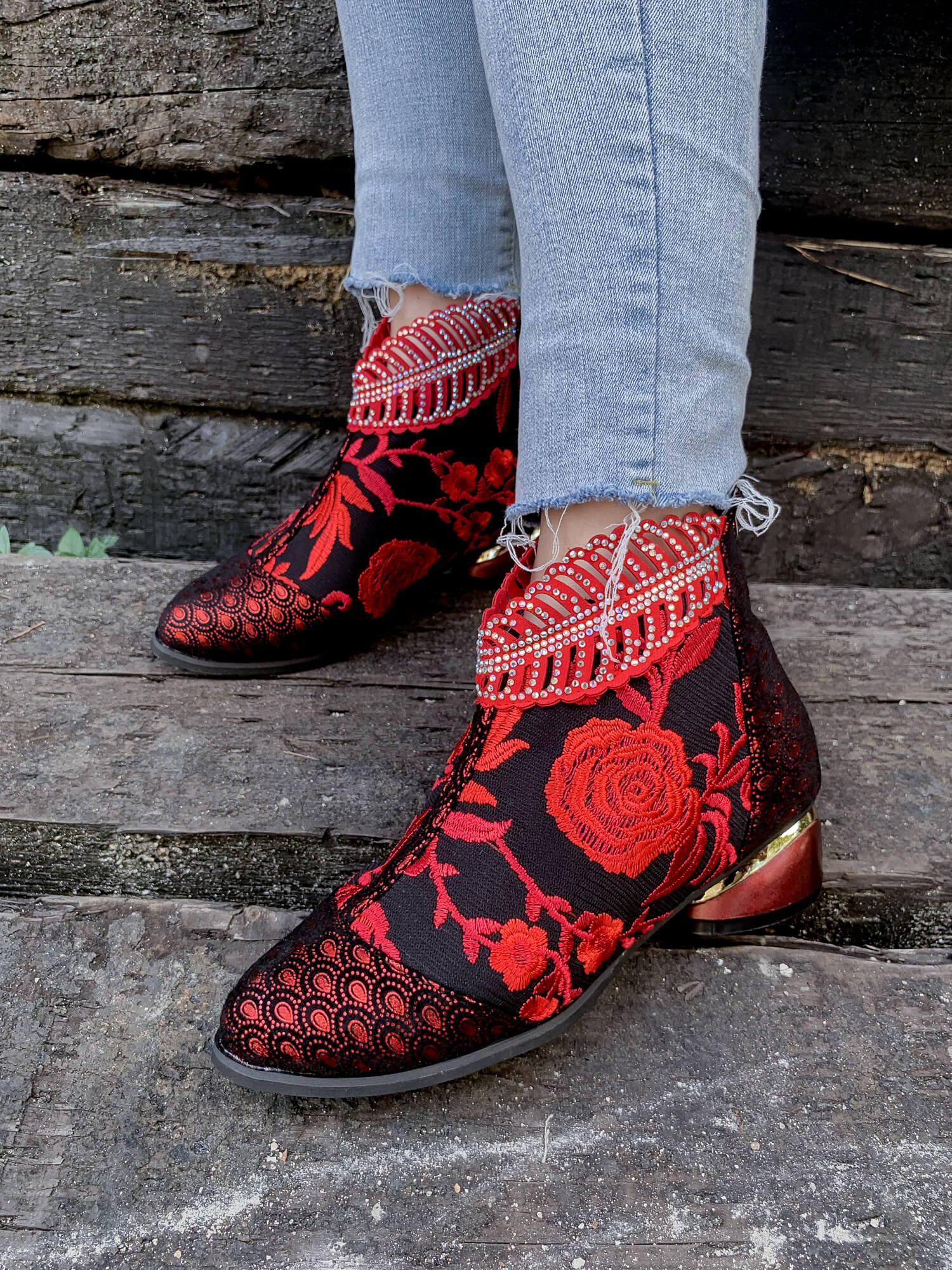 En Bloom | Rhinestone Ankle Floral-Embroidered Boot - Red - Image 5