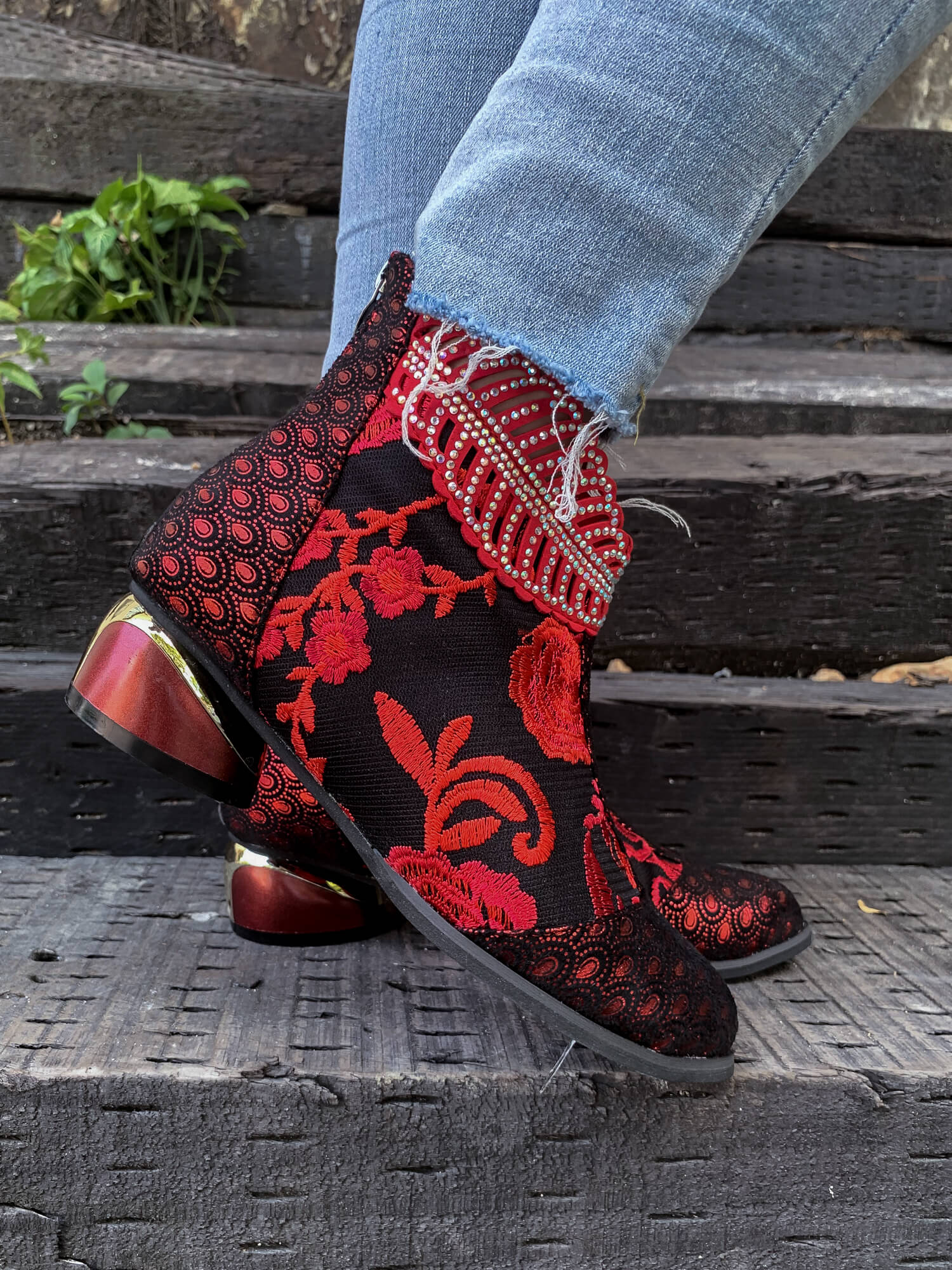 En Bloom | Rhinestone Ankle Floral-Embroidered Boot - Red - Image 6