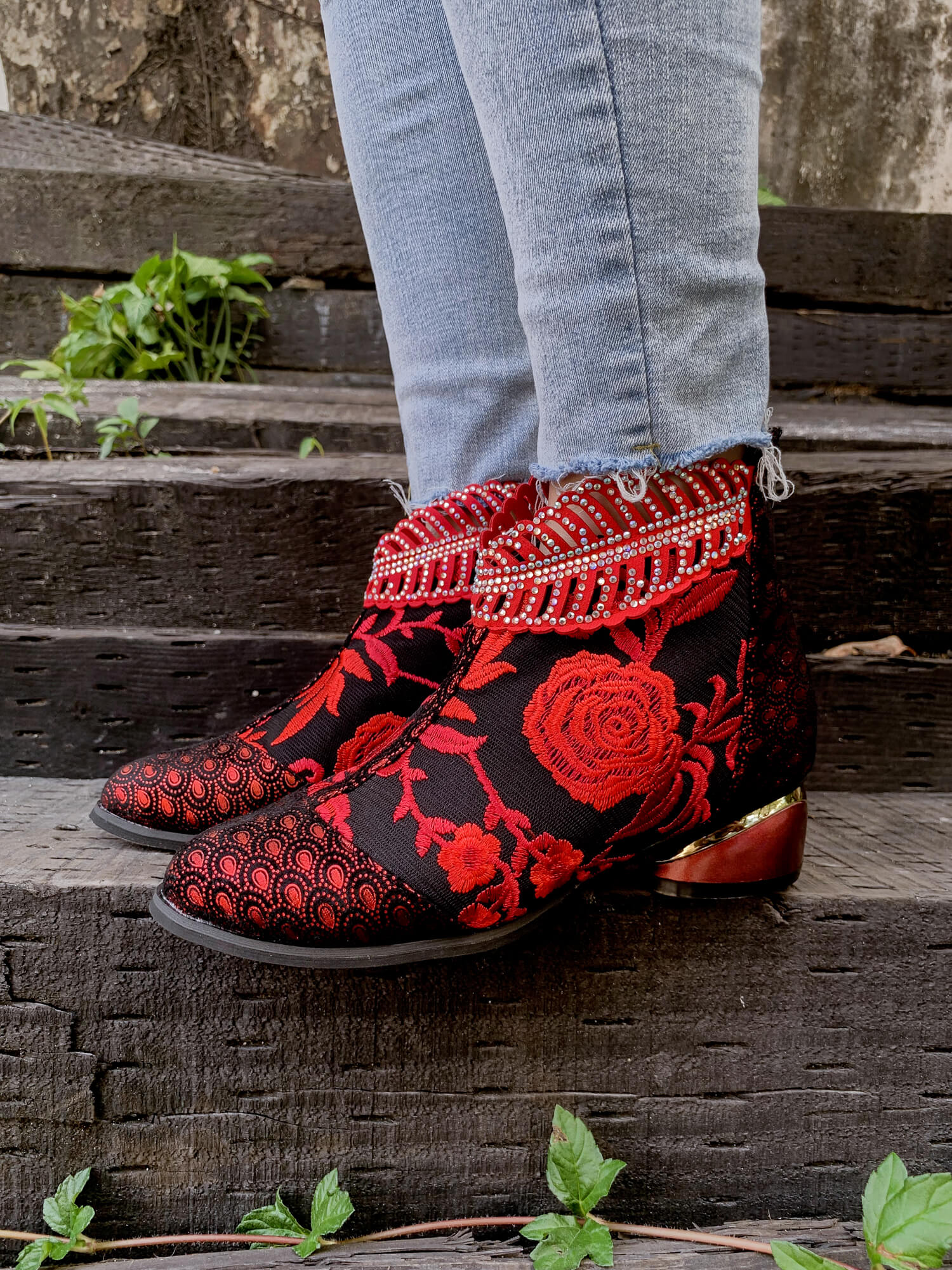 En Bloom | Rhinestone Ankle Floral-Embroidered Boot - Red - Image 7