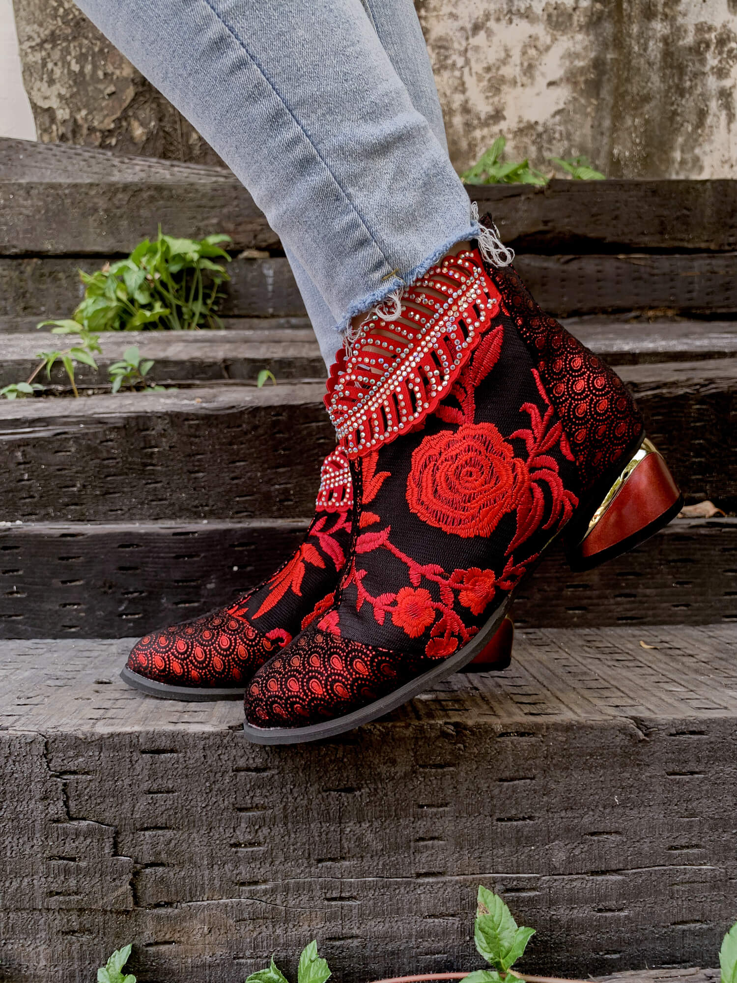 En Bloom | Rhinestone Ankle Floral-Embroidered Boot - Red - Image 8