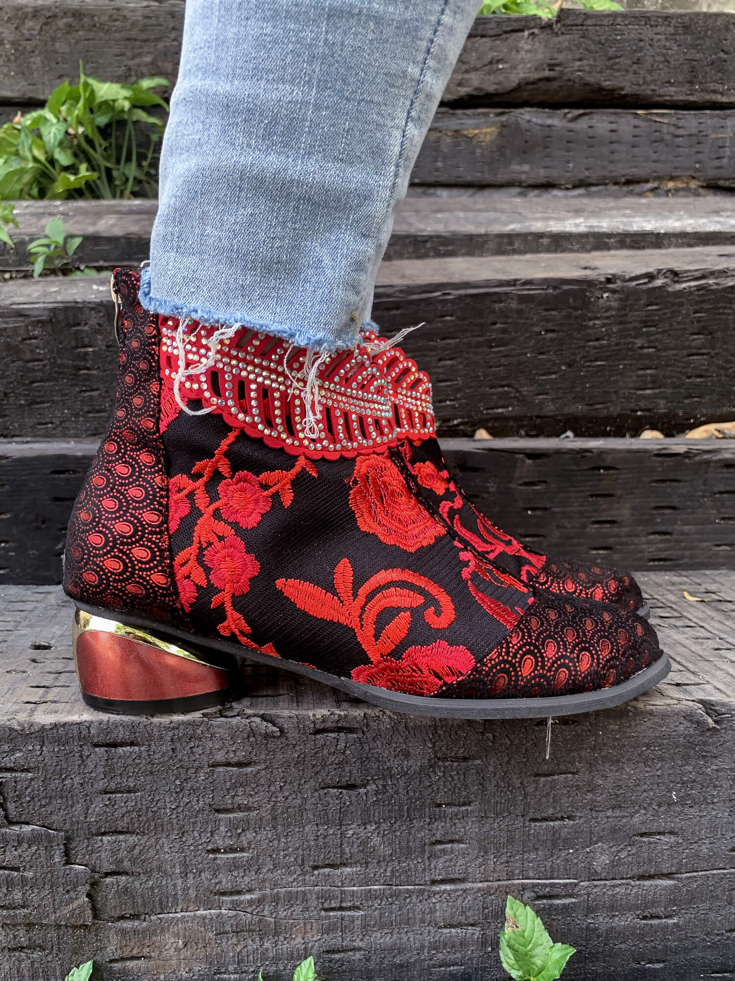 En Bloom | Rhinestone Ankle Floral-Embroidered Boot - Red - Image 9