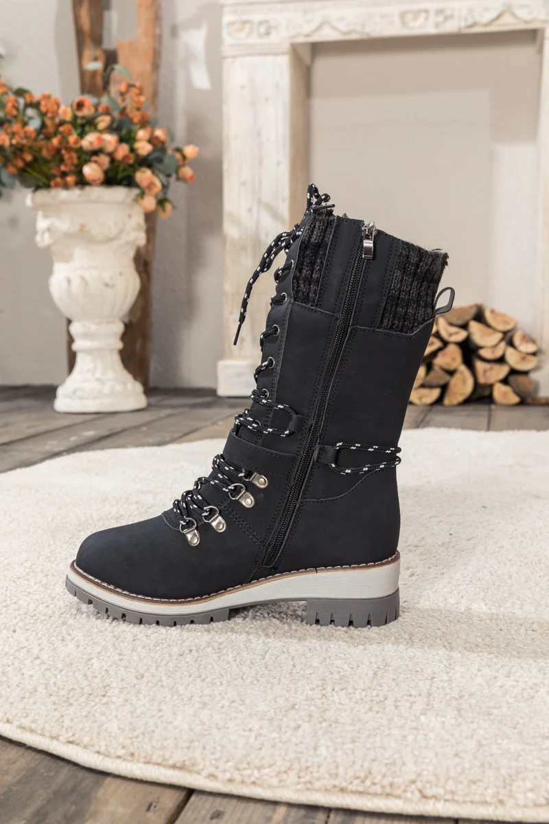 En Bloom | Ribbed-Cuff Buckle-Strap Boot - Black - Image 7